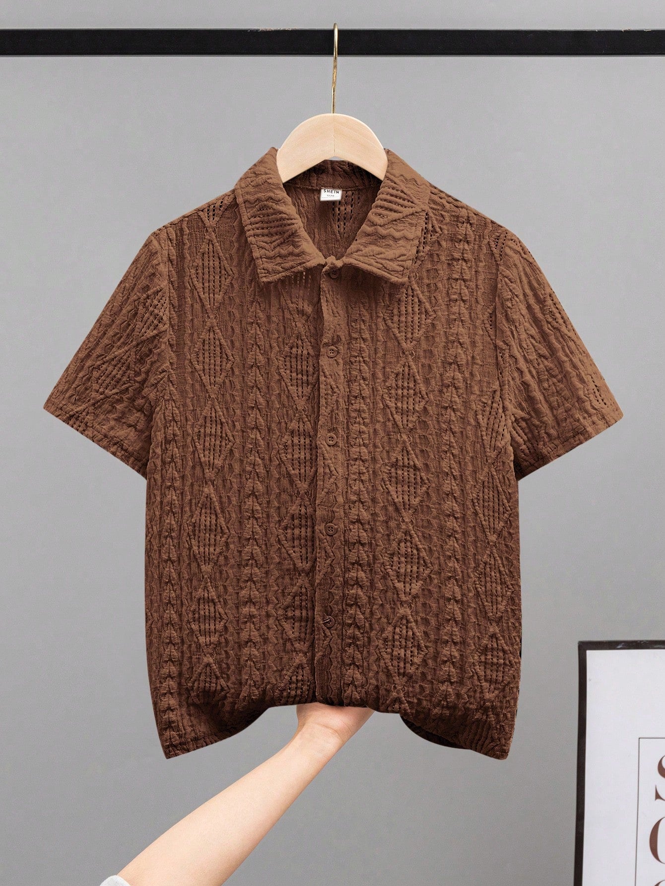 Tween Boy Loose Comfortable Casual Jacquard Short Sleeve Shirt With Turn-Down Collar