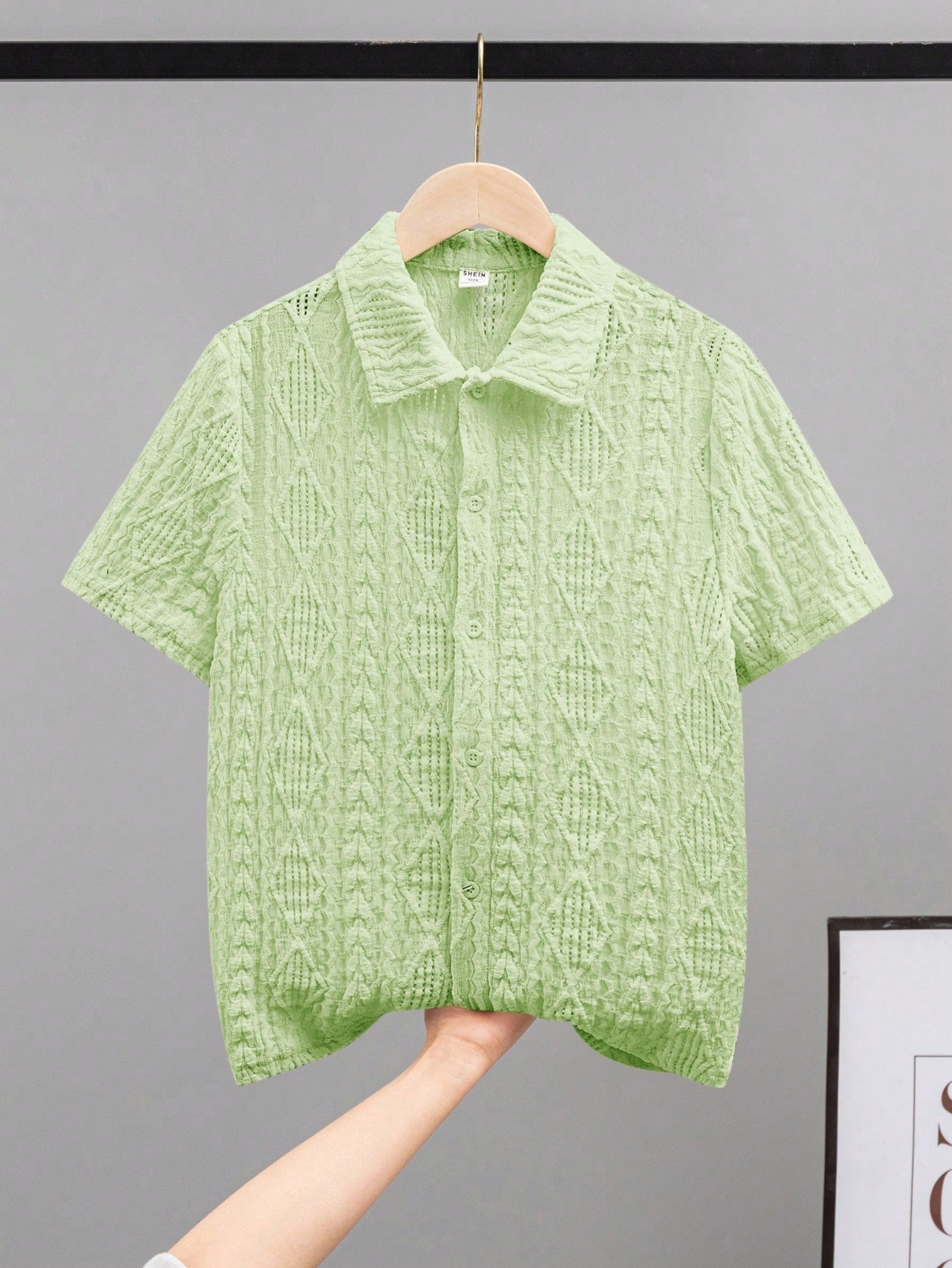 Tween Boy Loose Comfortable Casual Jacquard Short Sleeve Shirt With Turn-Down Collar