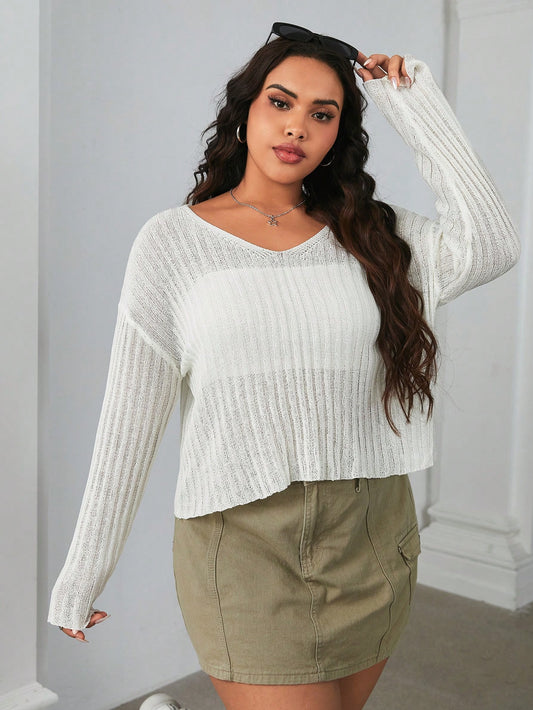 Plus Size Women's Cream-Colored Sexy Sheer V-Neck Loose Long Sleeve Pullover Sweater For Summer, Autumn, Back To School, Campus Date, Daily, Beach, Tea Party