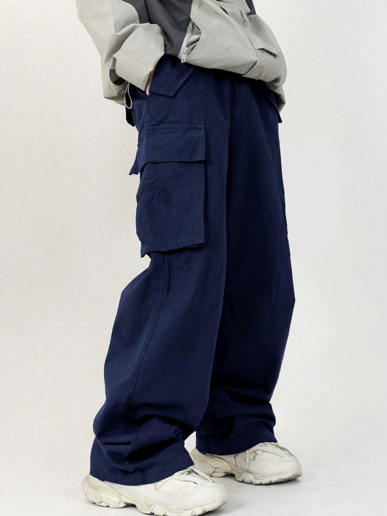 Tween Boy Vacation College Style Relaxed Fit Plain Cargo Pants With Slanted Pockets, Straight Leg