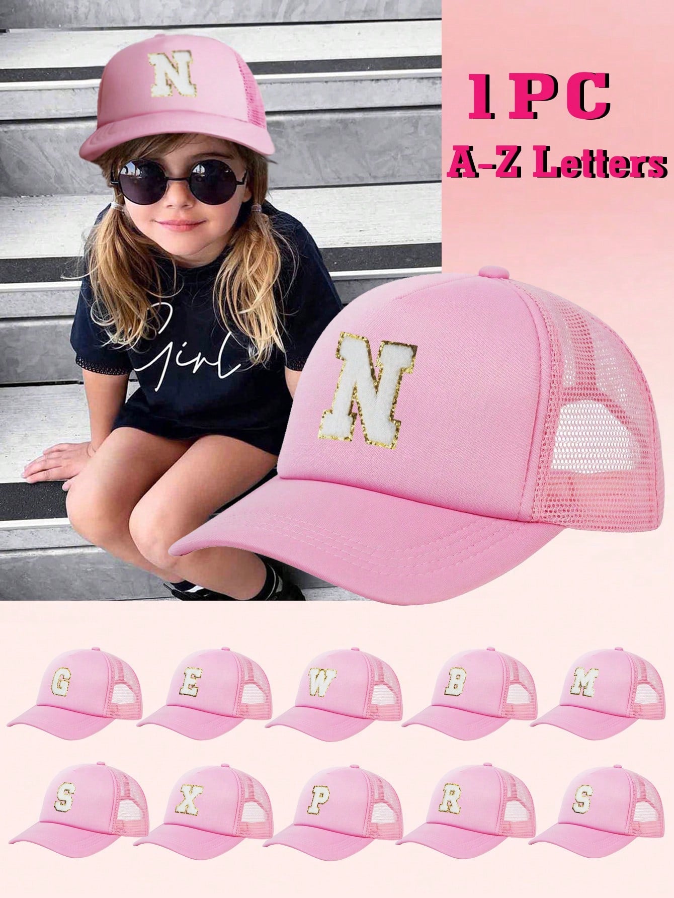 1pc Kids' 26 Alphabet Printed Trucker Cap, Fashionable Casual Hat, Suitable For Boys And Girls For School, Daily Wear