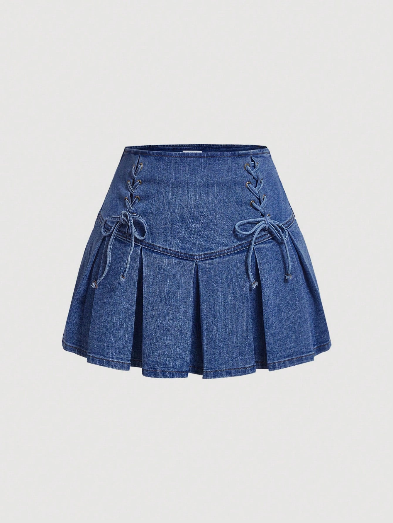 Plus Lace Up Front Pleated Hem Denim Skirt