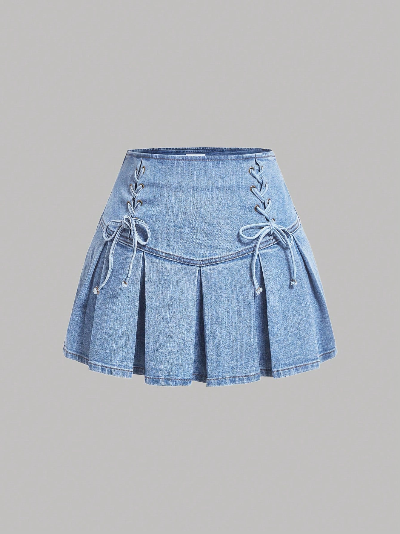 Plus Lace Up Front Pleated Hem Denim Skirt