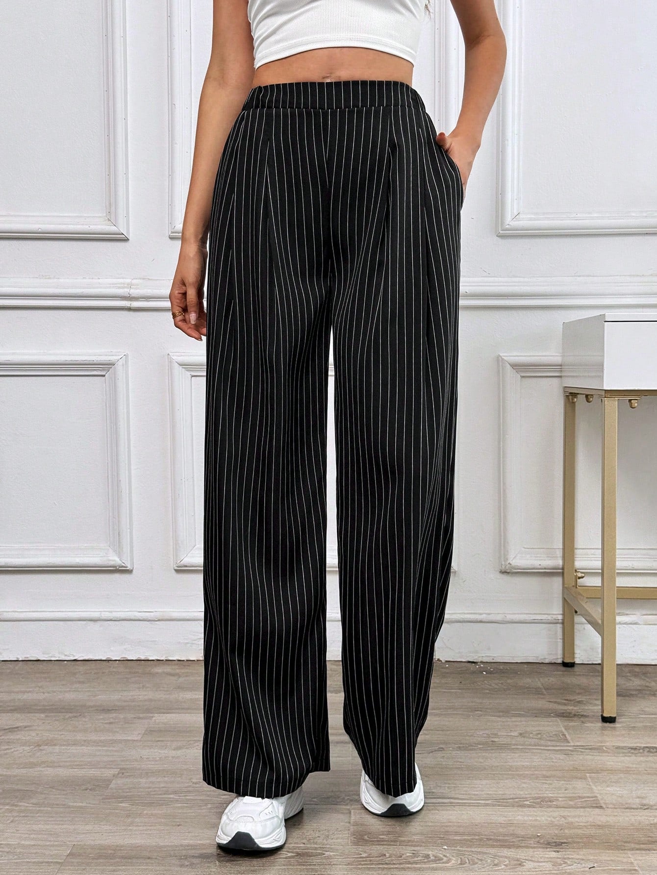 Women Dress Pants Uniform Pants Teacher Pants Ladies' Commuting Black Striped Elastic Waist Wide Leg Trousers With Double Pockets