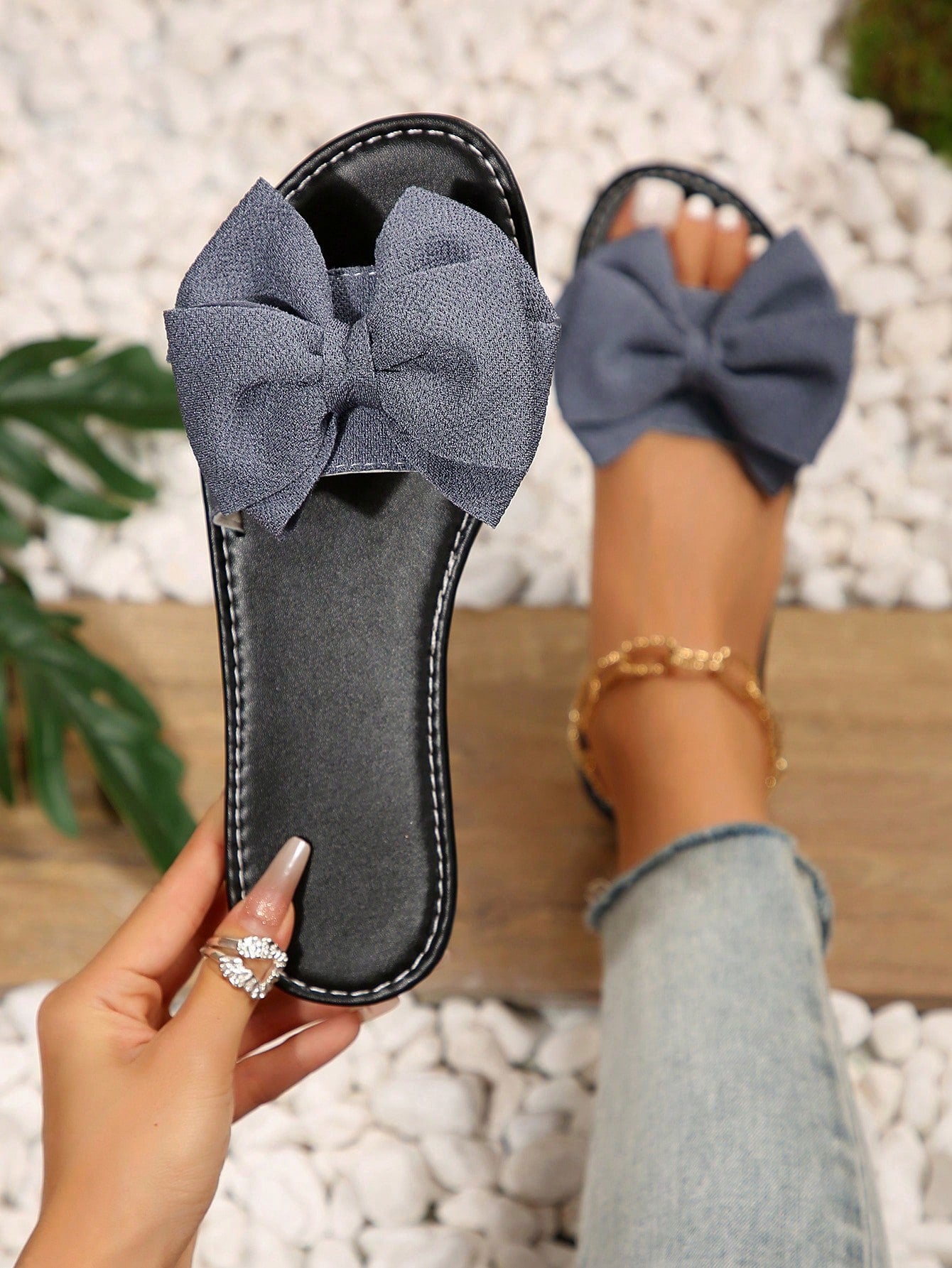 New Arrival Plus Size Women's Comfortable And Simple Open-Toe Bowknot Flat Slippers Sandals, Casual And Stylish For Outdoor And Beach Wear In Summer