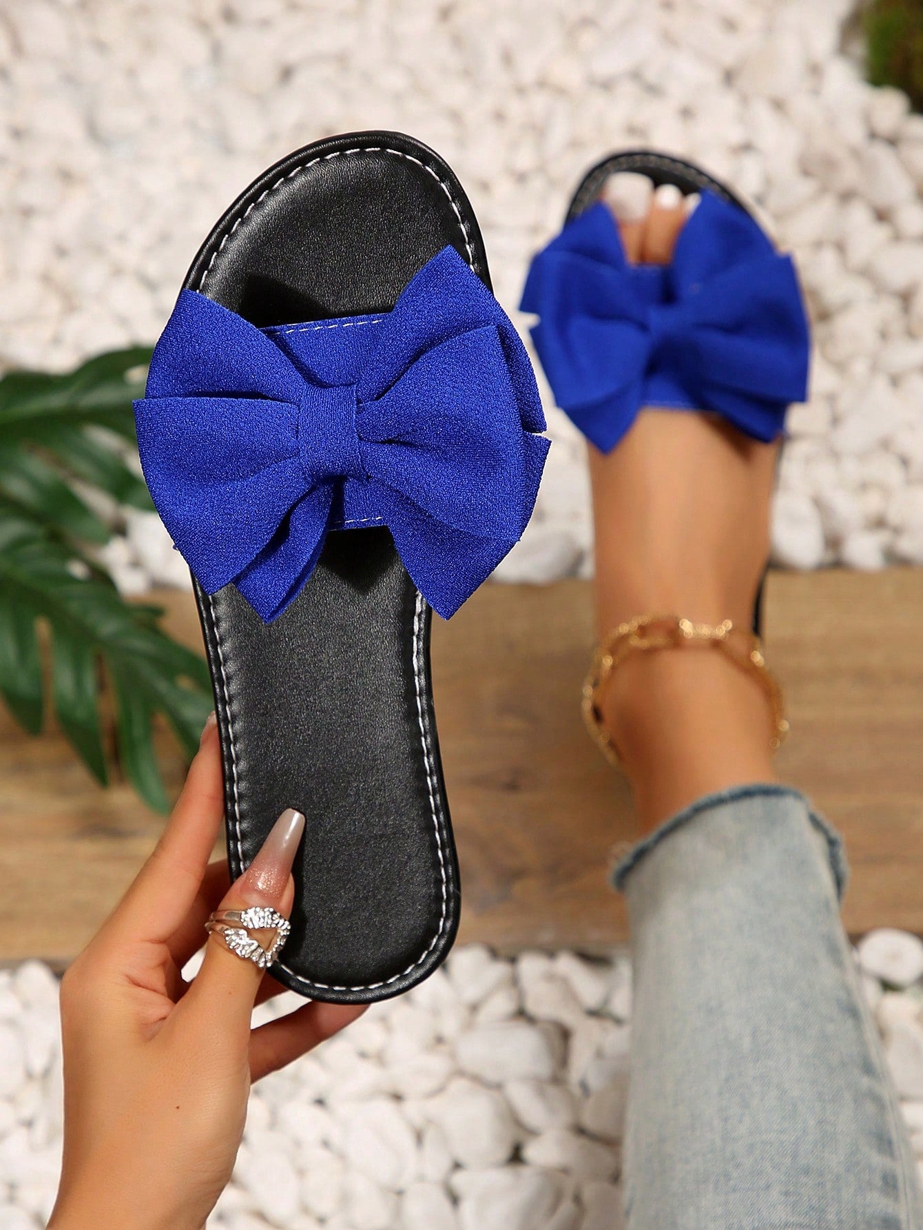 New Arrival Plus Size Women's Comfortable And Simple Open-Toe Bowknot Flat Slippers Sandals, Casual And Stylish For Outdoor And Beach Wear In Summer