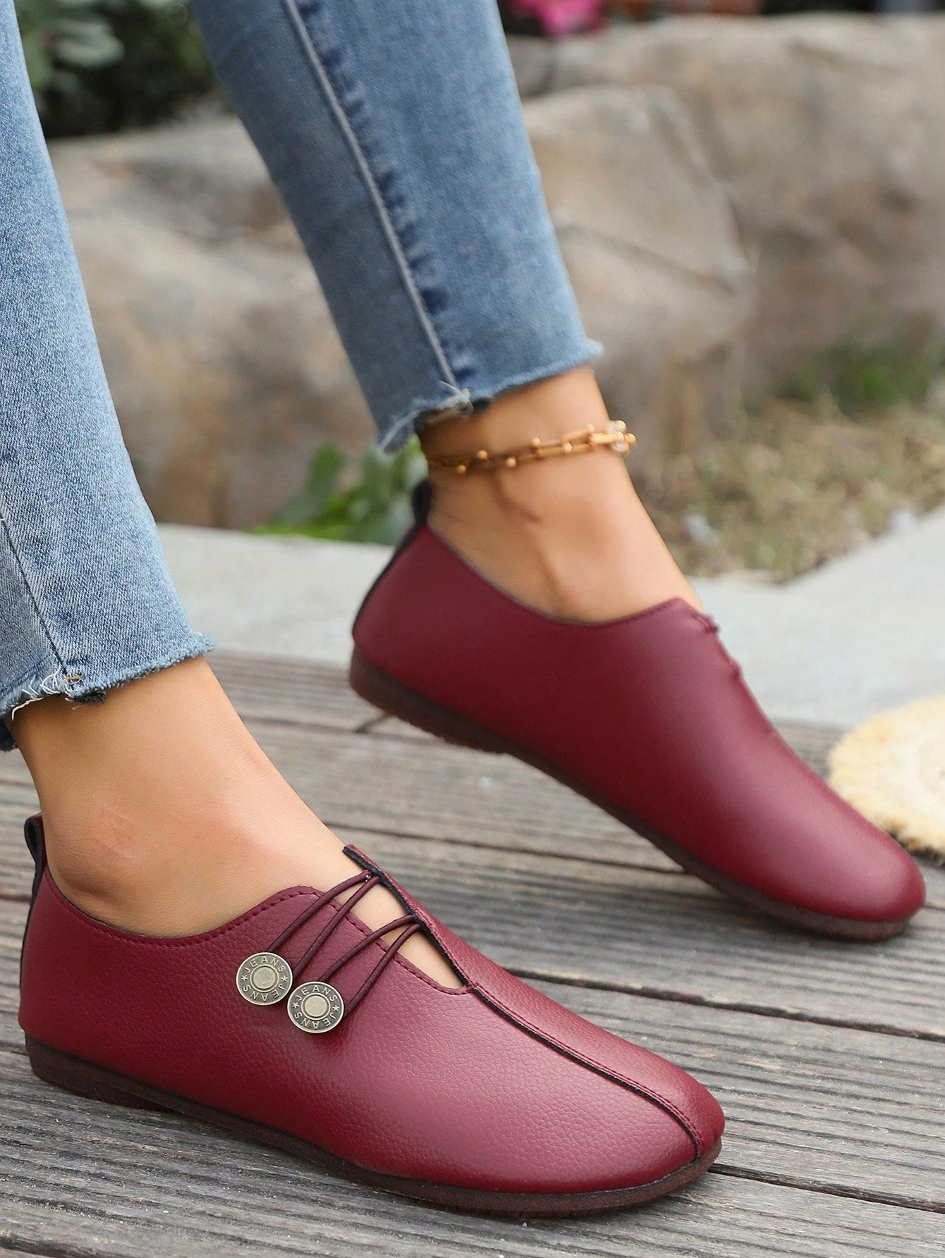 Women's Button Design Wooden Bottom Casual Flats, Breathable Comfortable Walking Shoes