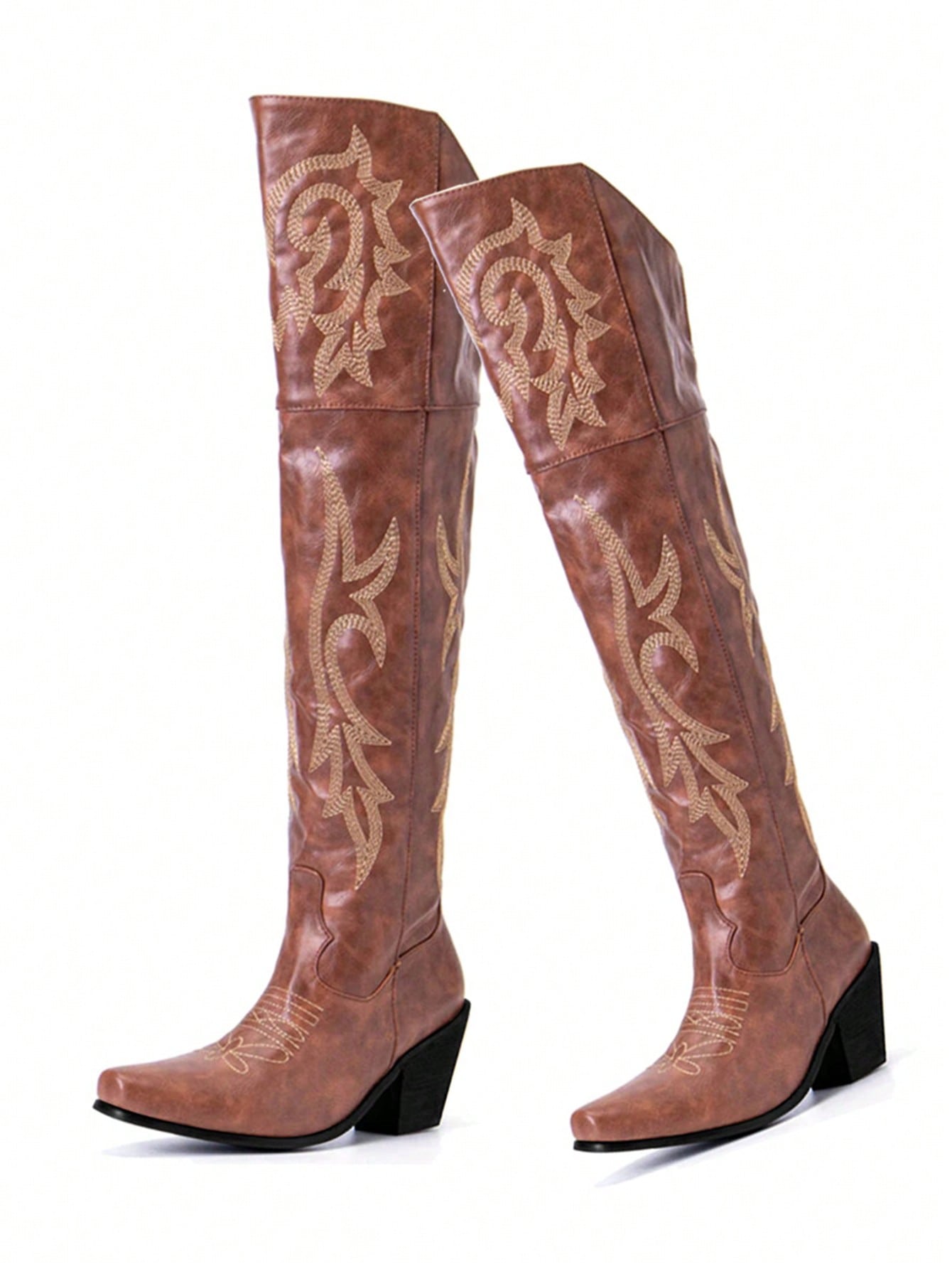 Womens Over The Knee Cowboy Boots Chunky Block Heels Closed Pointed Toe