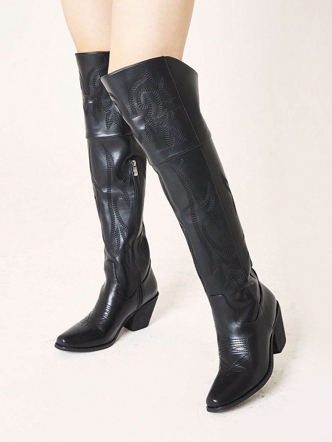 Womens Over The Knee Cowboy Boots Chunky Block Heels Closed Pointed Toe