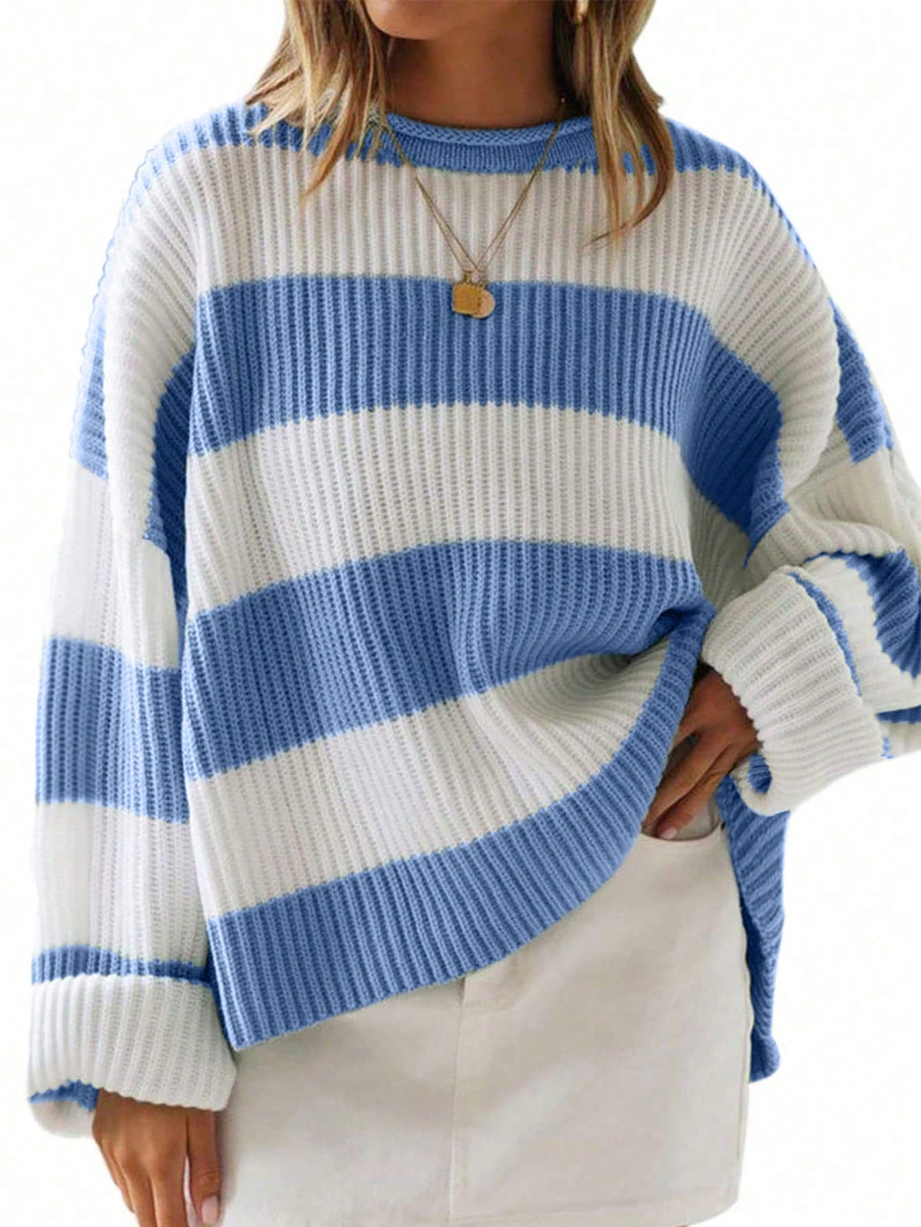 Plus Size Women Spring And Autumn Loose Round Neck Drop-Shoulder Long Sleeve Striped Casual Sweater Pullover