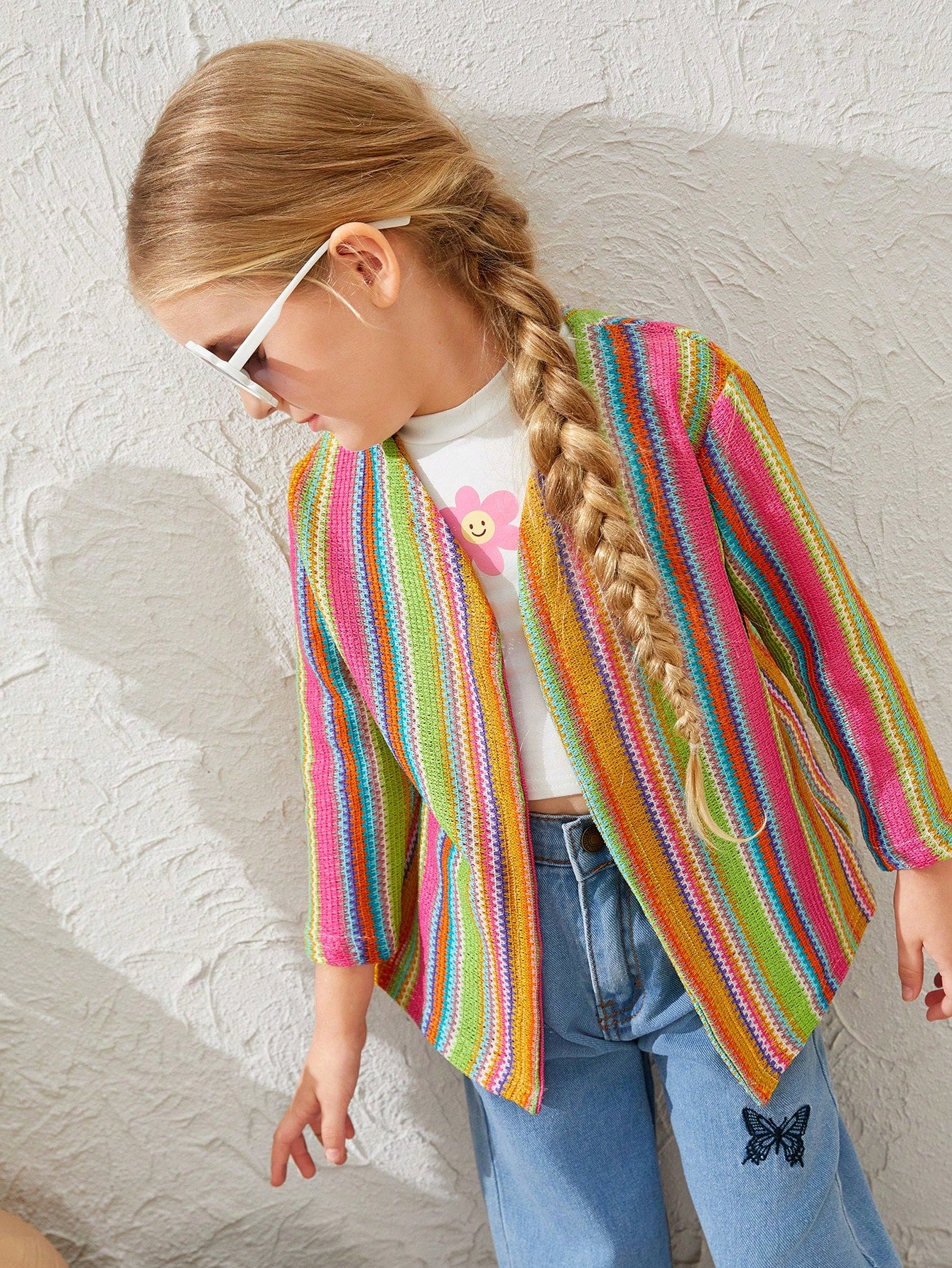 Girls' Beach Vacation Sunscreen Colorful Striped Long Sleeve Knitted Thin Open Front Long Cardigan, Suitable For Spring, Summer, Autumn, Beach Vacation And Sun Protection