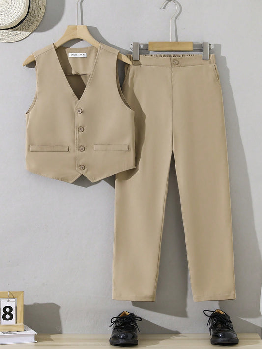 Tween Boy Elegant Woven Solid Color Vest And Pants, Gentlemen's Clothing