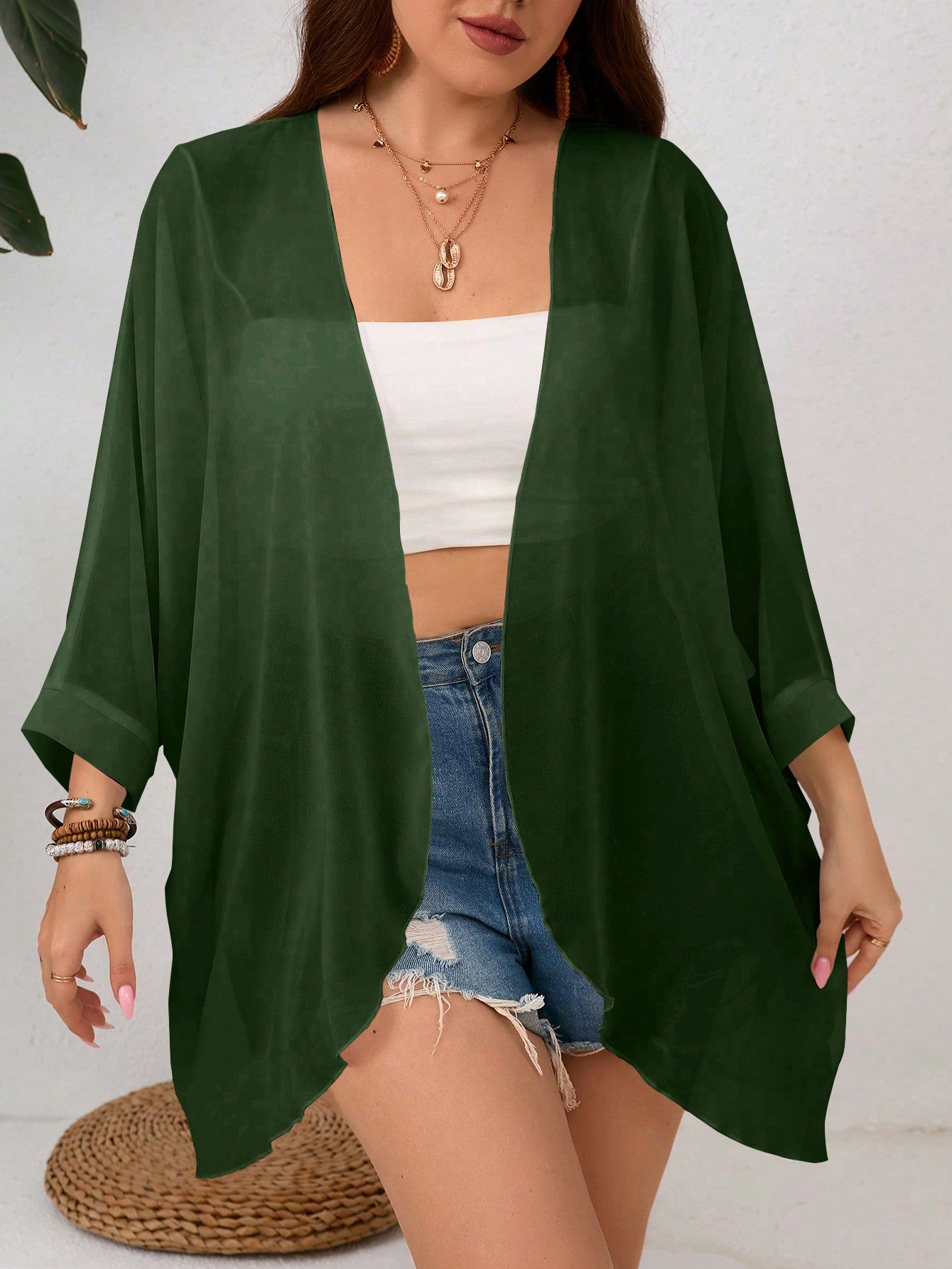 Plus Size Women Solid Color Batwing Sleeve Loose Open Front Coat With Asymmetrical Hem