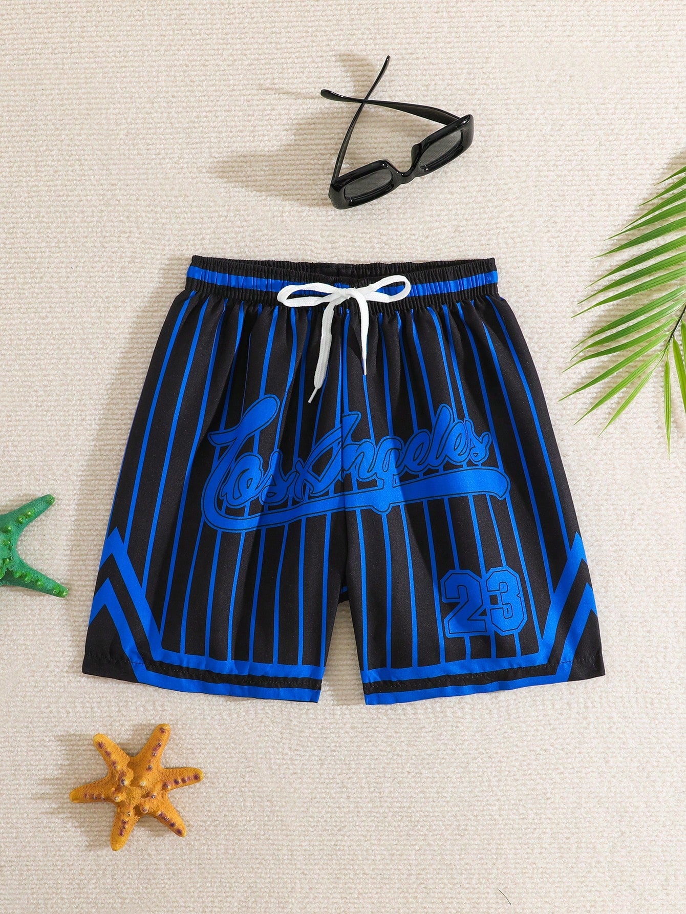 Tween Boy Striped Swim Trunks With Pattern Print, Beach Shorts