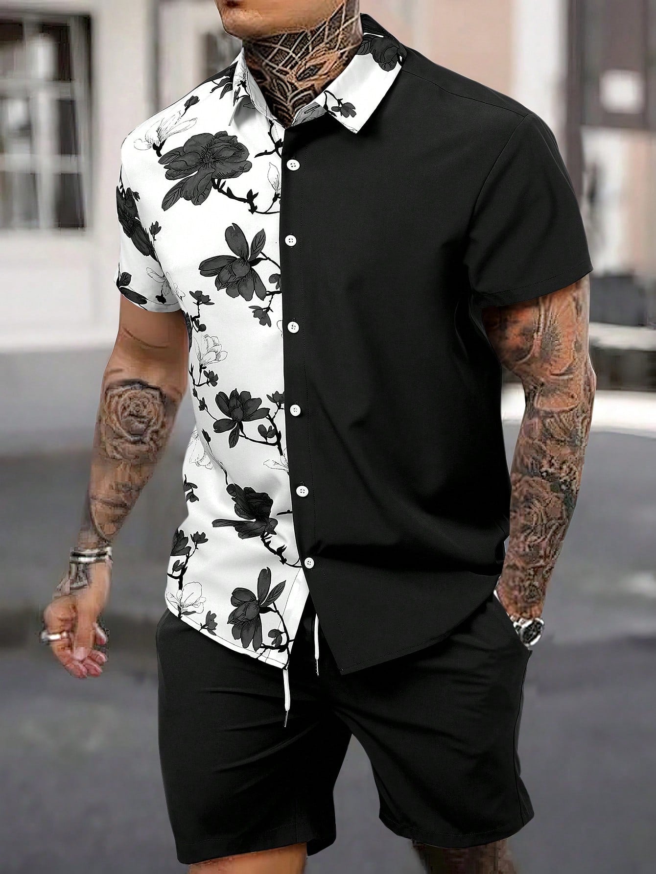 Men Floral Print Shirt & Drawstring Waist Shorts