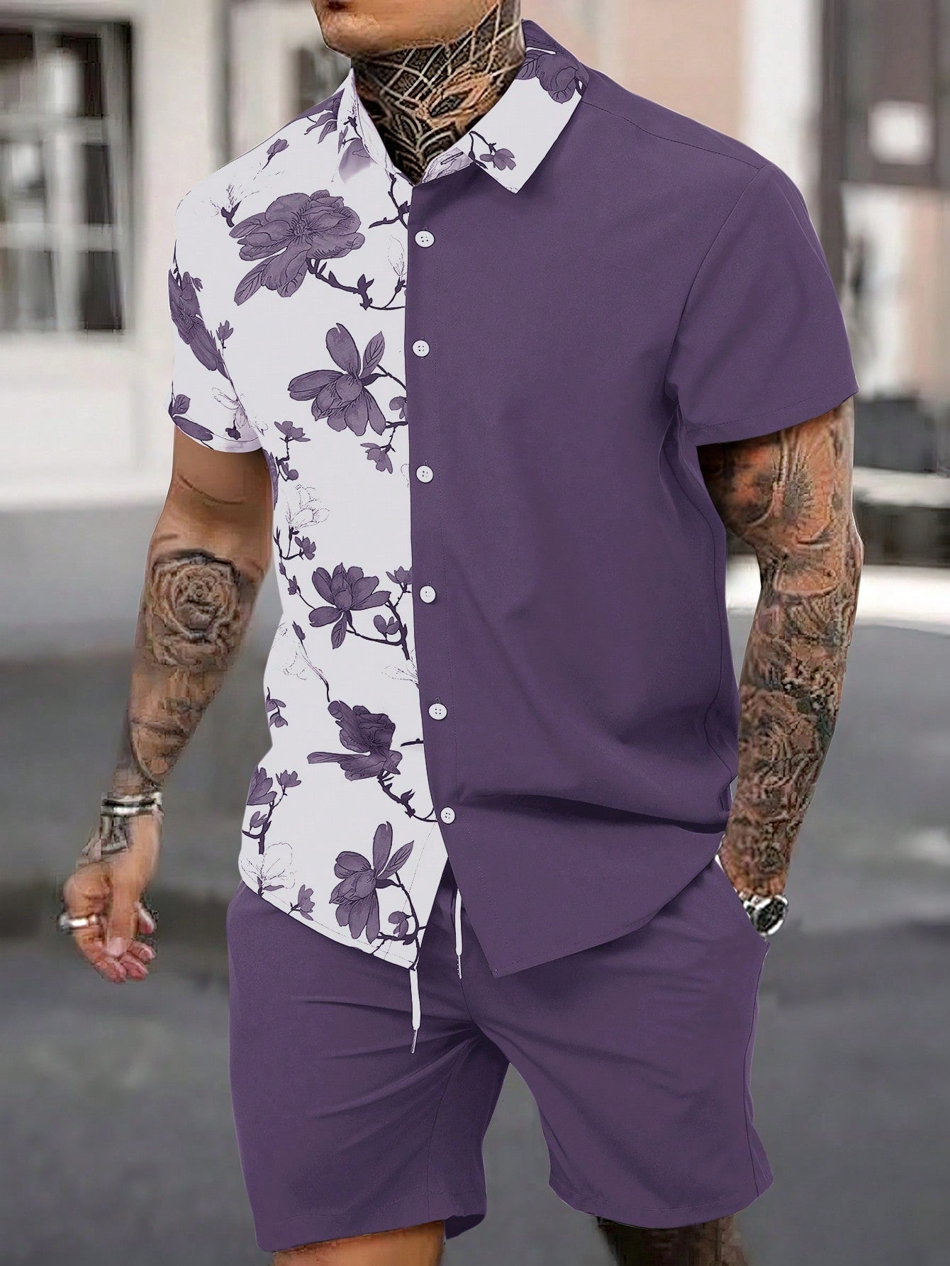 Men Floral Print Shirt & Drawstring Waist Shorts