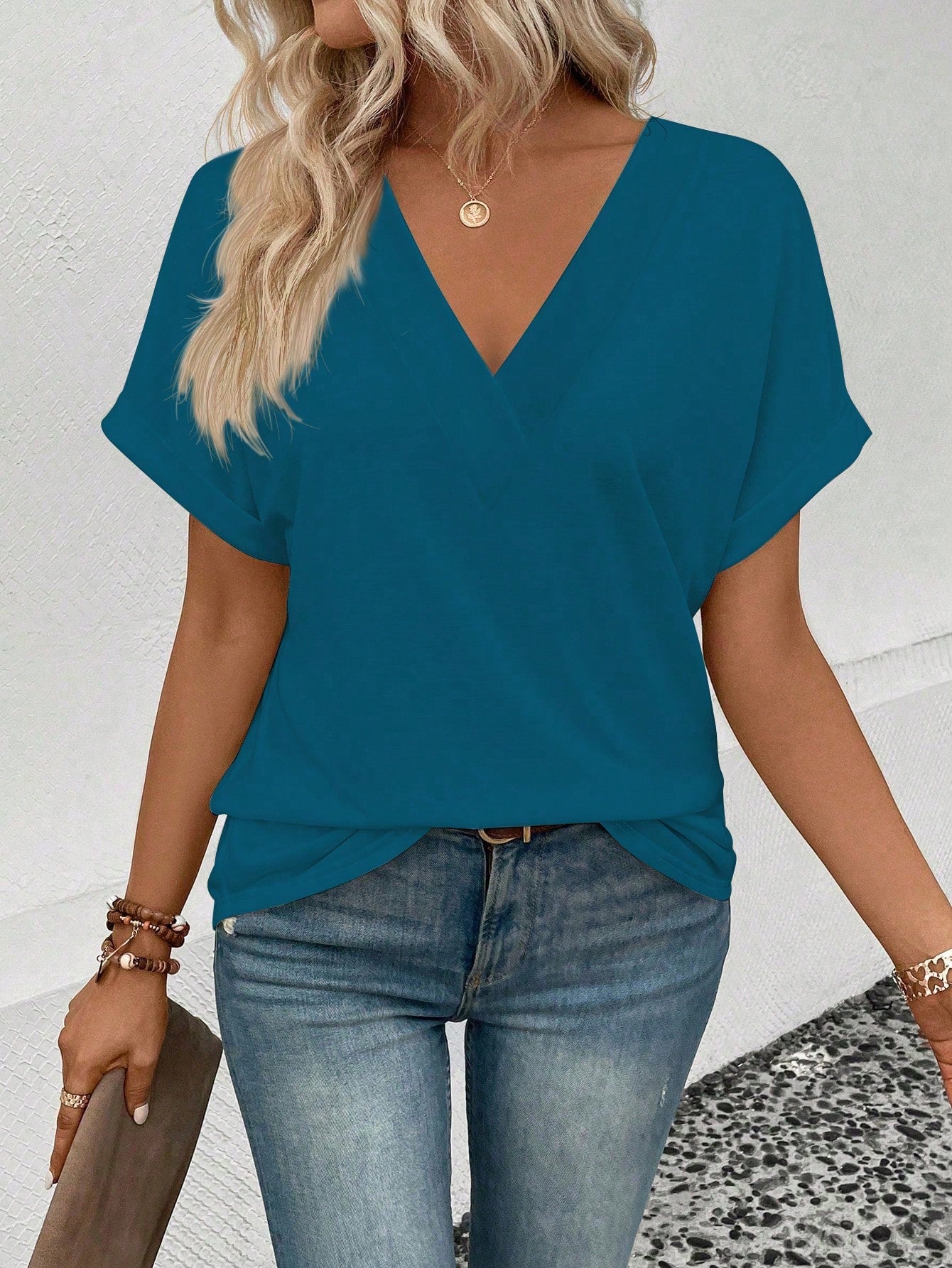 Plus Size Women Solid Color V-Neck Short Sleeve Casual T-Shirt, Summer