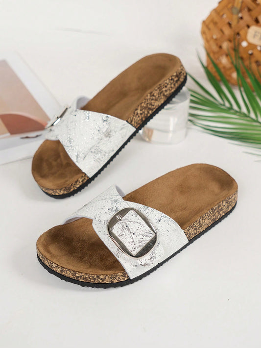 European And American Style Buckle Cork Slippers, Trendy Flat Soft Sole Slides For Men And Women, Beach And Outdoor Casual Summer Vacation Shoes