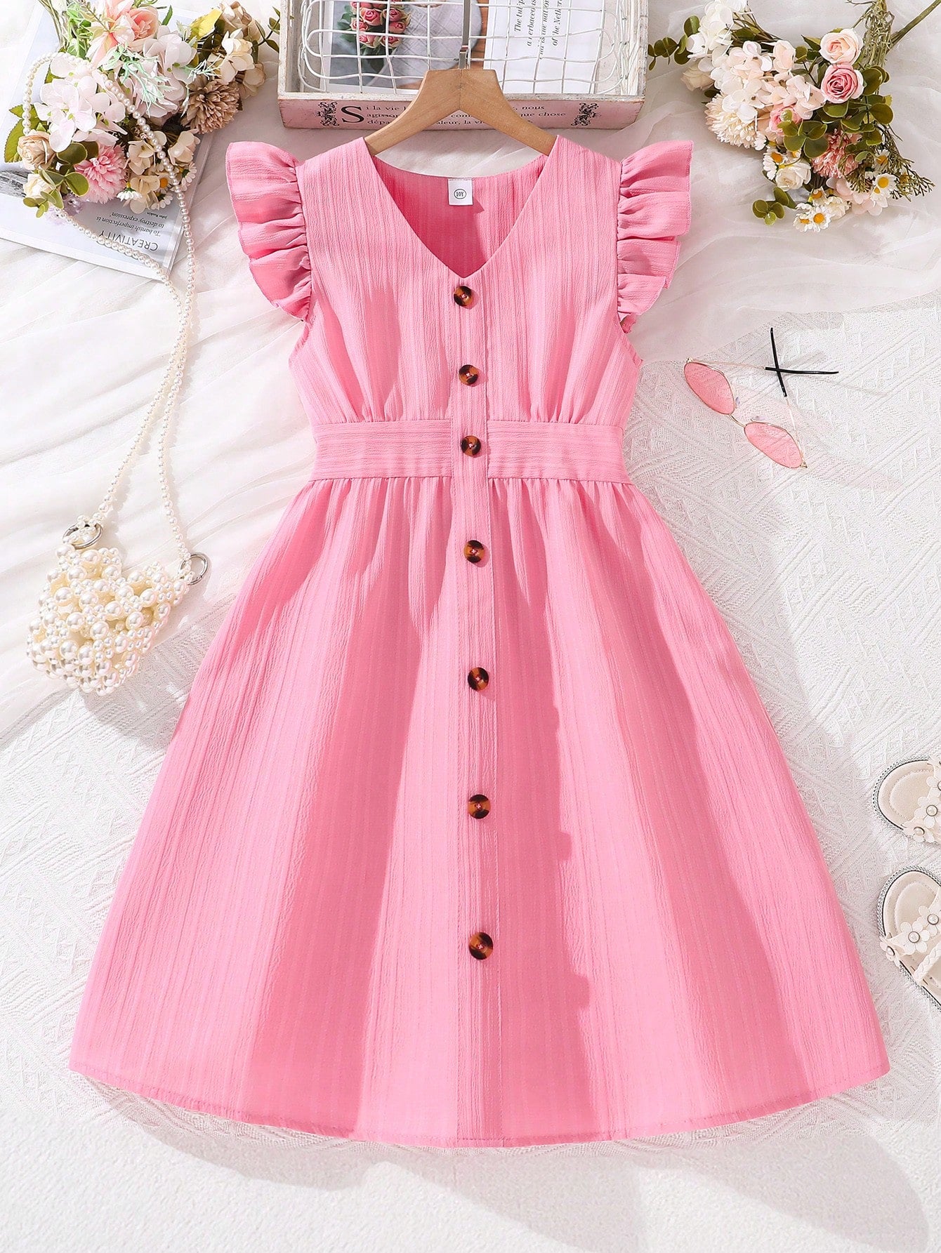 Tween Girl Summer Fresh Striped Flare Sleeve V-Neck Belted Dress