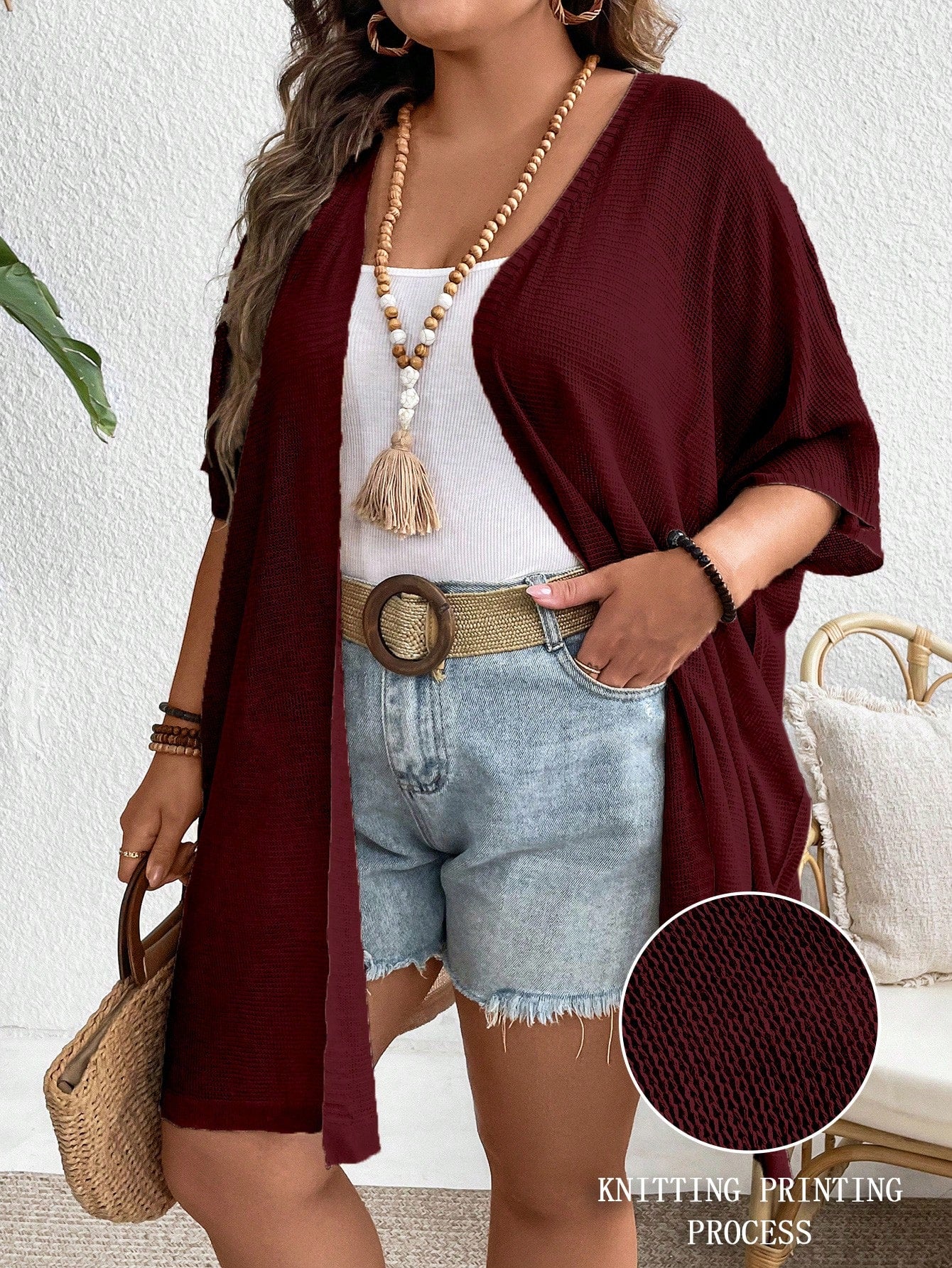 Plus Size Solid Color See-Through Sweater Cardigan With Half Sleeves