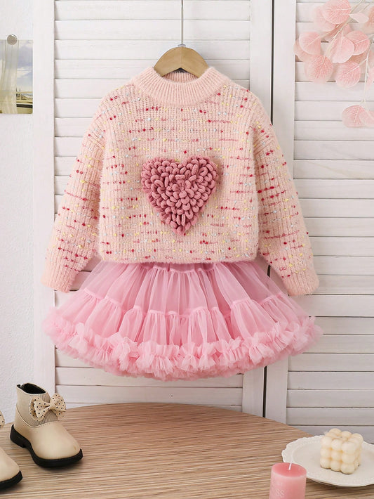 Girls' Pink Black And White Fashionable Casual Trendy Cute Comfortable Soft Simple All-Matched Elegant  3D Heart Design Rainbow Dot Mesh Knitted Long Sleeve Sweater. Ideal For Wearing At Home, Daily Outings, Parties And Suitable For Autumn And Winter Seas