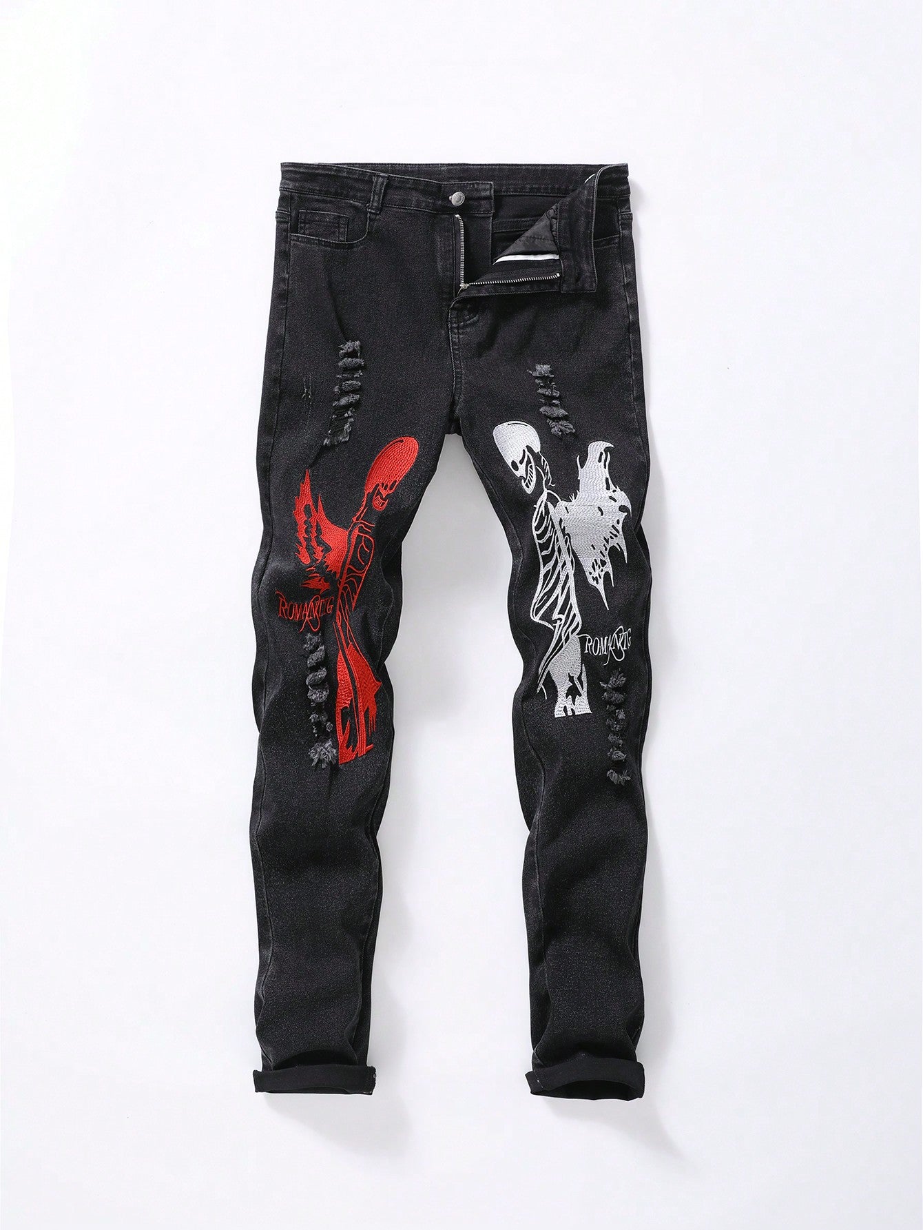 Teen Boy Urban Street Dark Punk Bold Gothic Contrast Death Angles Embroidered Ripped Adjustable Skinny Jeans, All-Year Must-Have Versatile Fashion Item