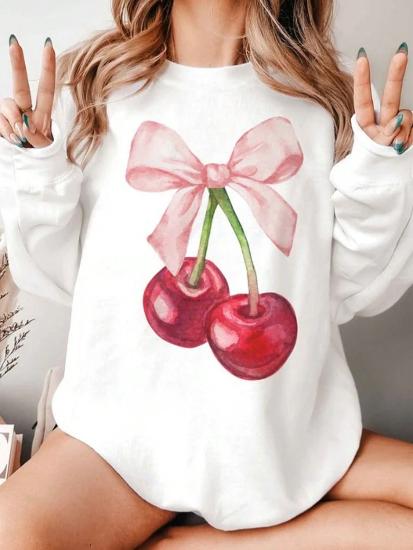 Women's Cherry Bowknot Pattern Sweatshirt