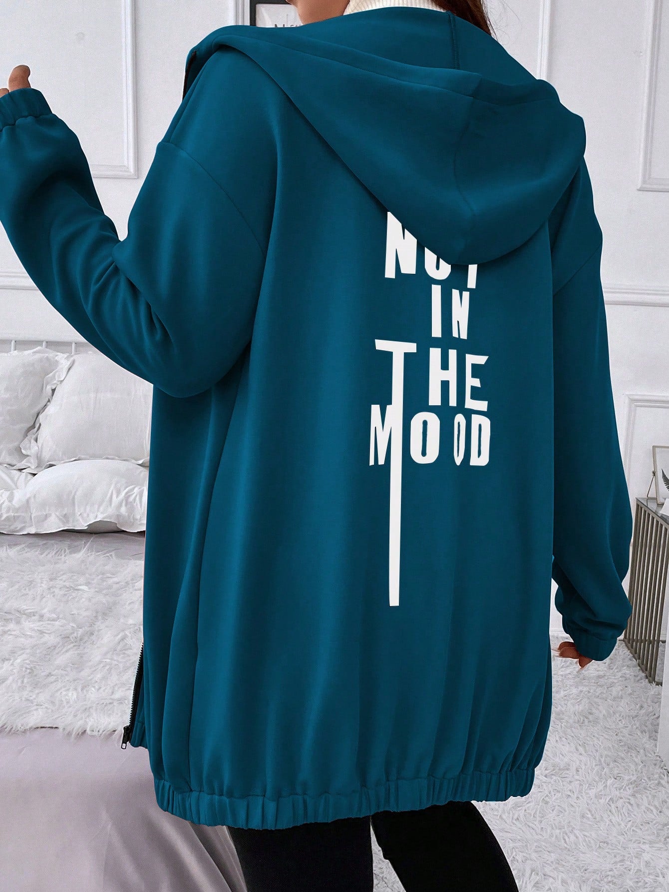 Plus Slogan Graphic Drop Shoulder Hooded Jacket