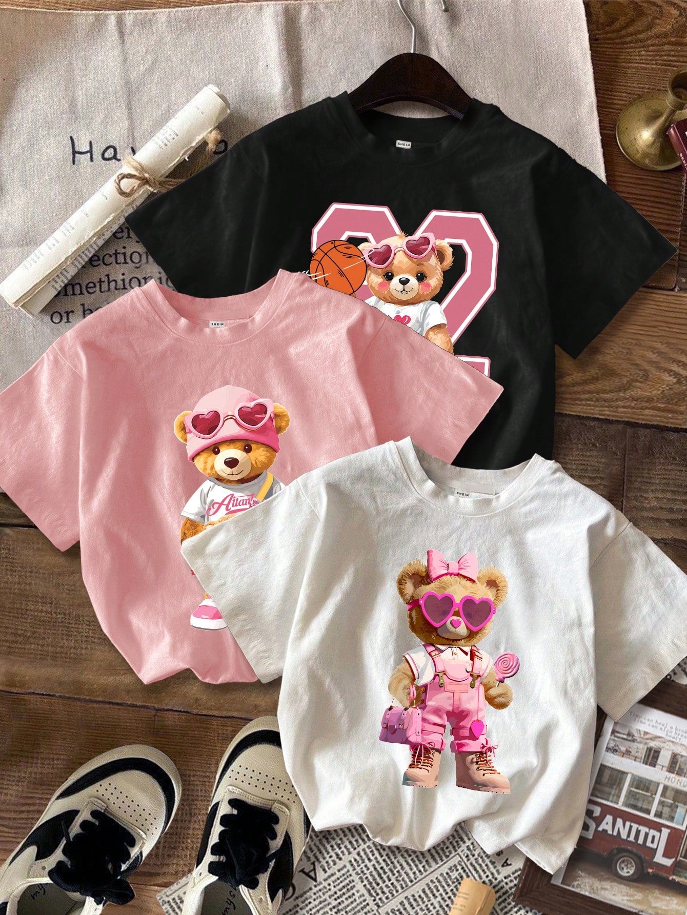 3pcs Casual & Simple Cartoon Letter Printed T-Shirt Set For Tween Girls, Summer