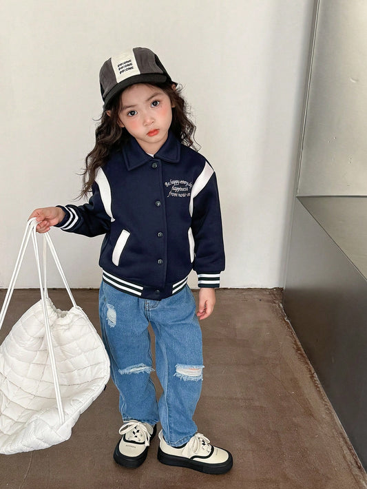 Kids 1pc Girls' Casual Letter Embroidered Sporty Bomber Jacket, Suitable For Spring & Autumn, Navy Blue With White Color Blocking Design