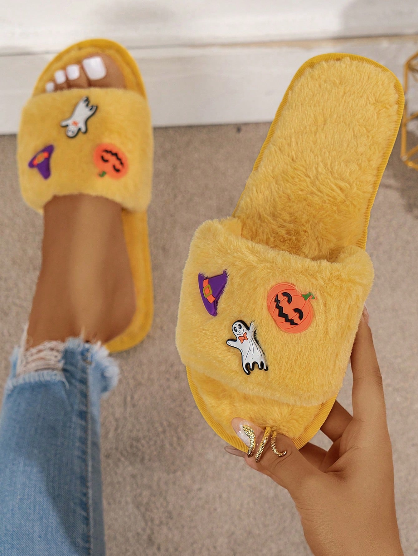 Women's Yellow Fashion Fur Slippers, Open Toe Flat Slides With Cross Straps, Winter Halloween Indoor Shoes For Warmth