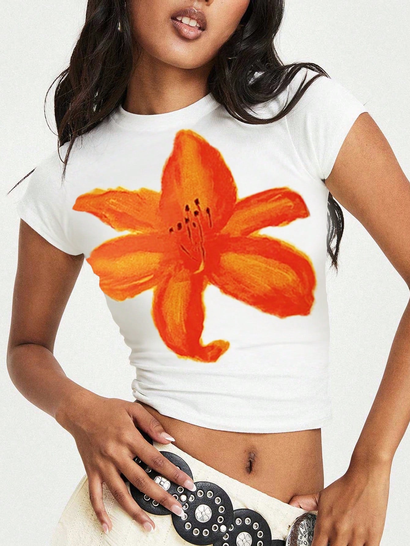 Women Summer Flower Print Round Neck Short Sleeve Casual T-Shirt, Graphic Women Tee