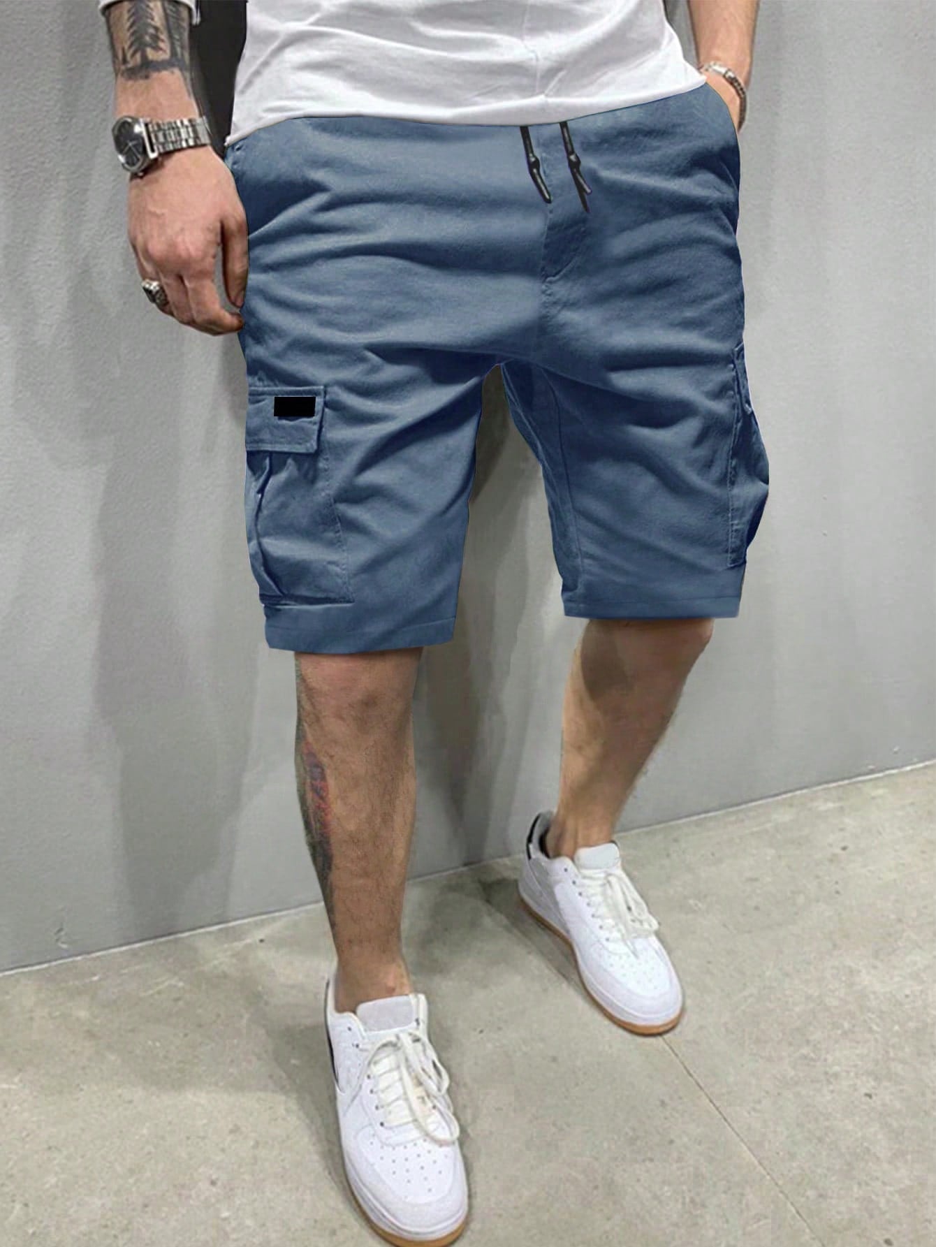 Men Flap Pockets Drawstring Cargo Shorts