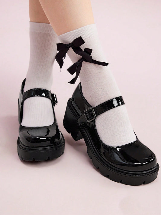 Women Buckle Decor Round Toe Cute Platform Mary Jane Black Shoes For Summer Vacation Shoes Summer Sale