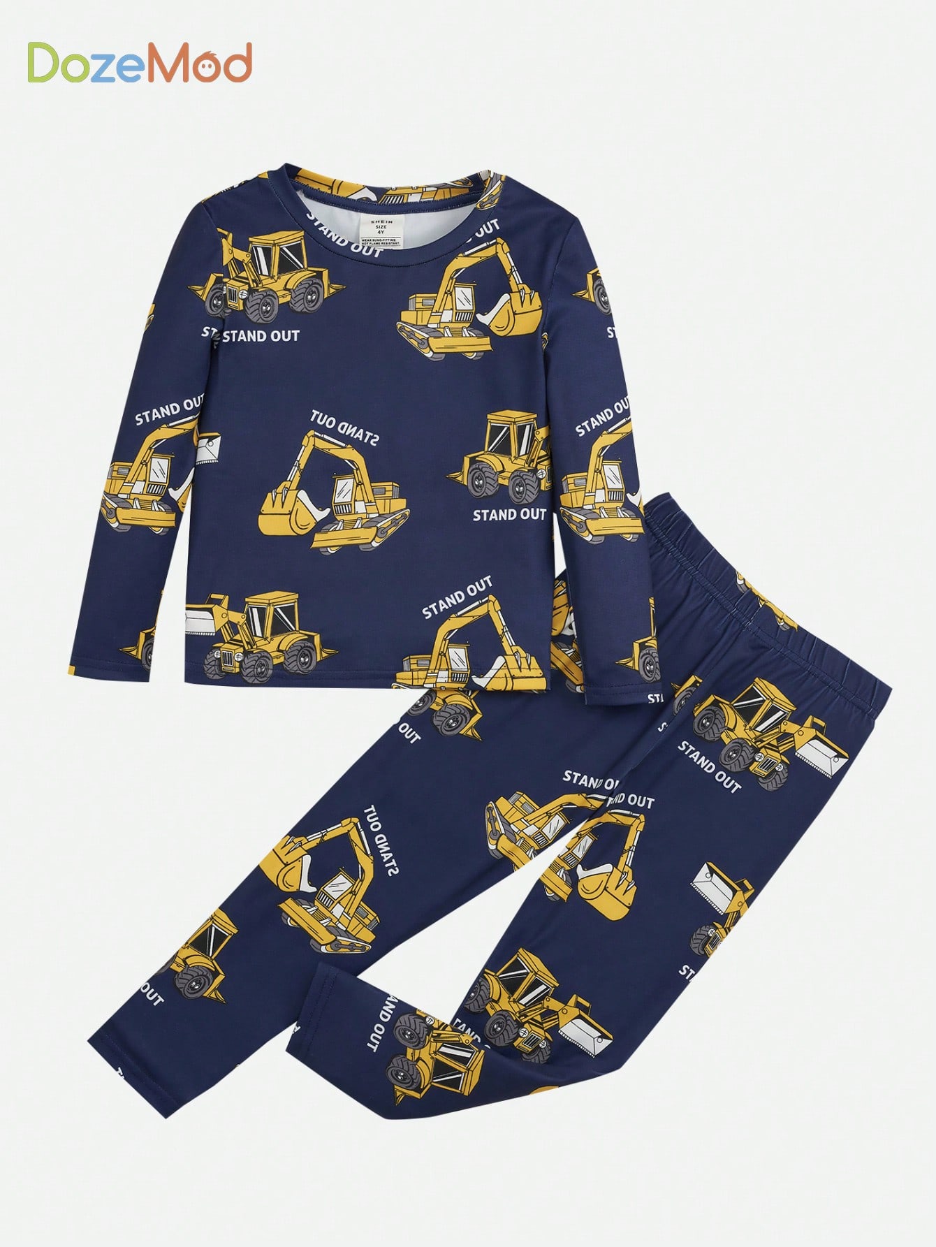 Young Boy Cartoon Printed Excavator & Fitted Home Wear Snug Fit PJ Set