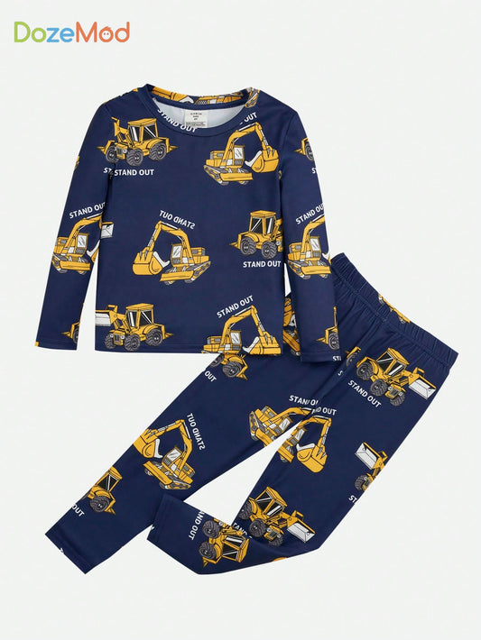 Young Boy Cartoon Printed Excavator & Fitted Home Wear Snug Fit PJ Set