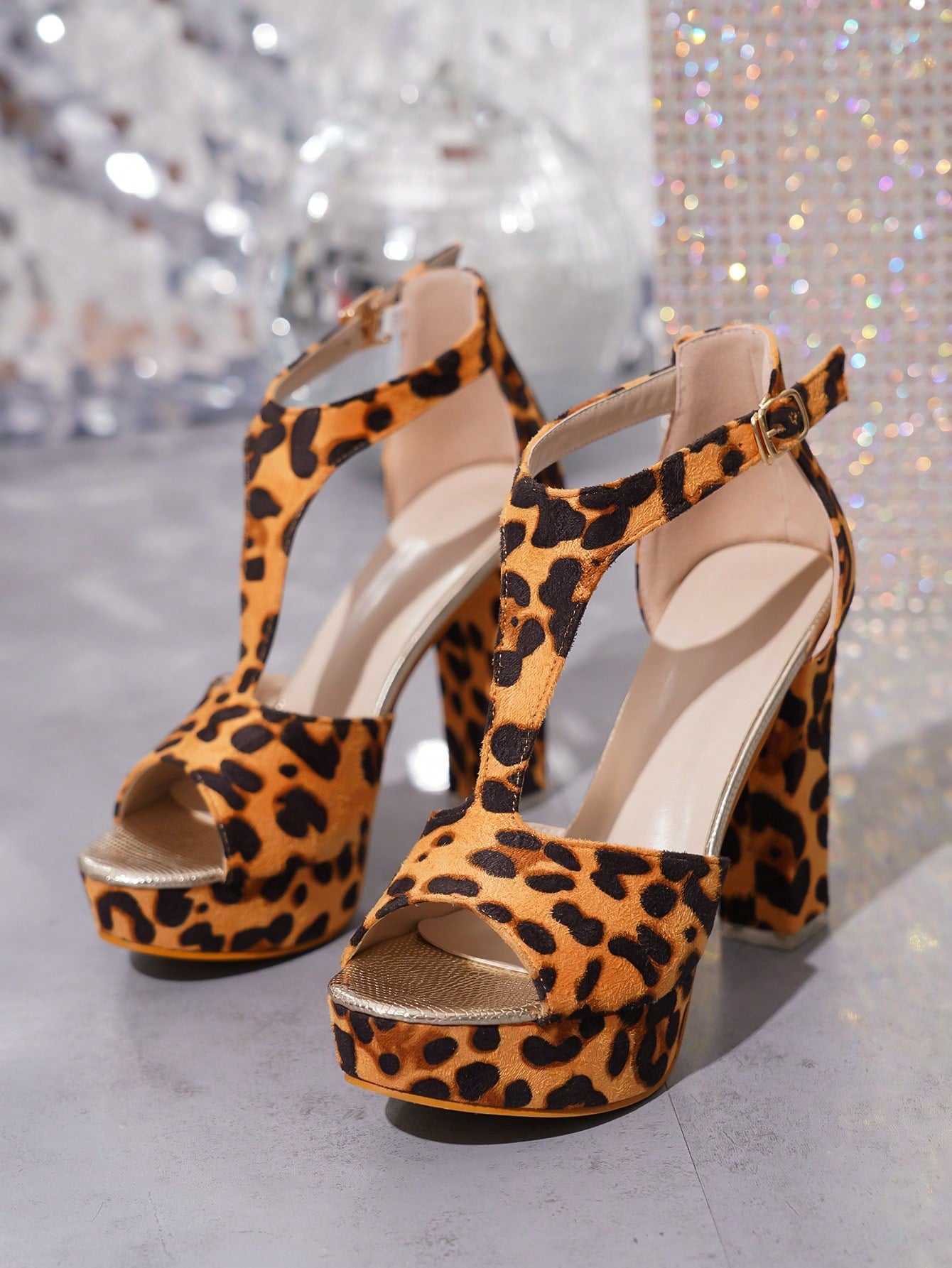 Leopard Print Chunky Heel Shoes With Waterproof Platform And Buckle Design, Fashionable And Stylish