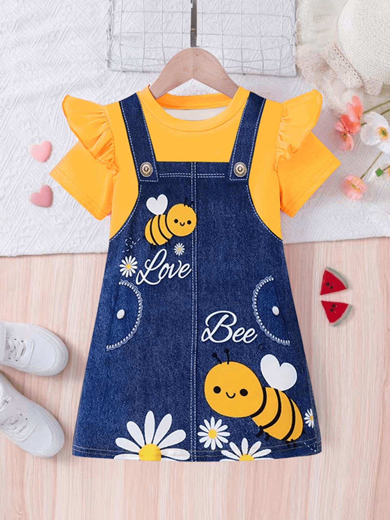 Young Girl Cute Bee Print Sleeveless Overall Casual Dress With Round Neckline