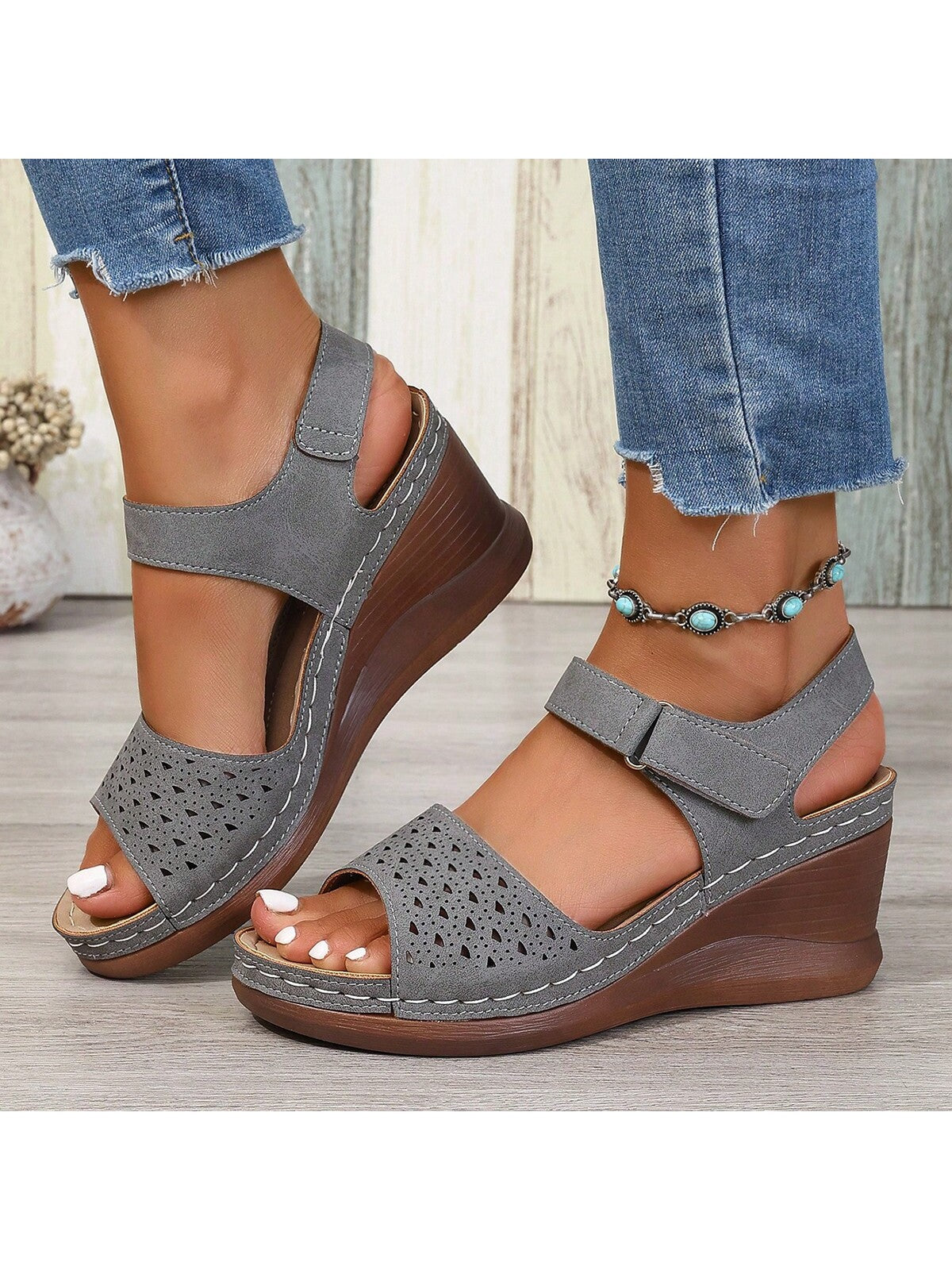 2024 New Arrival Laser-Cut Single Buckle Slingback Comfortable Sandals With Wedge Heels