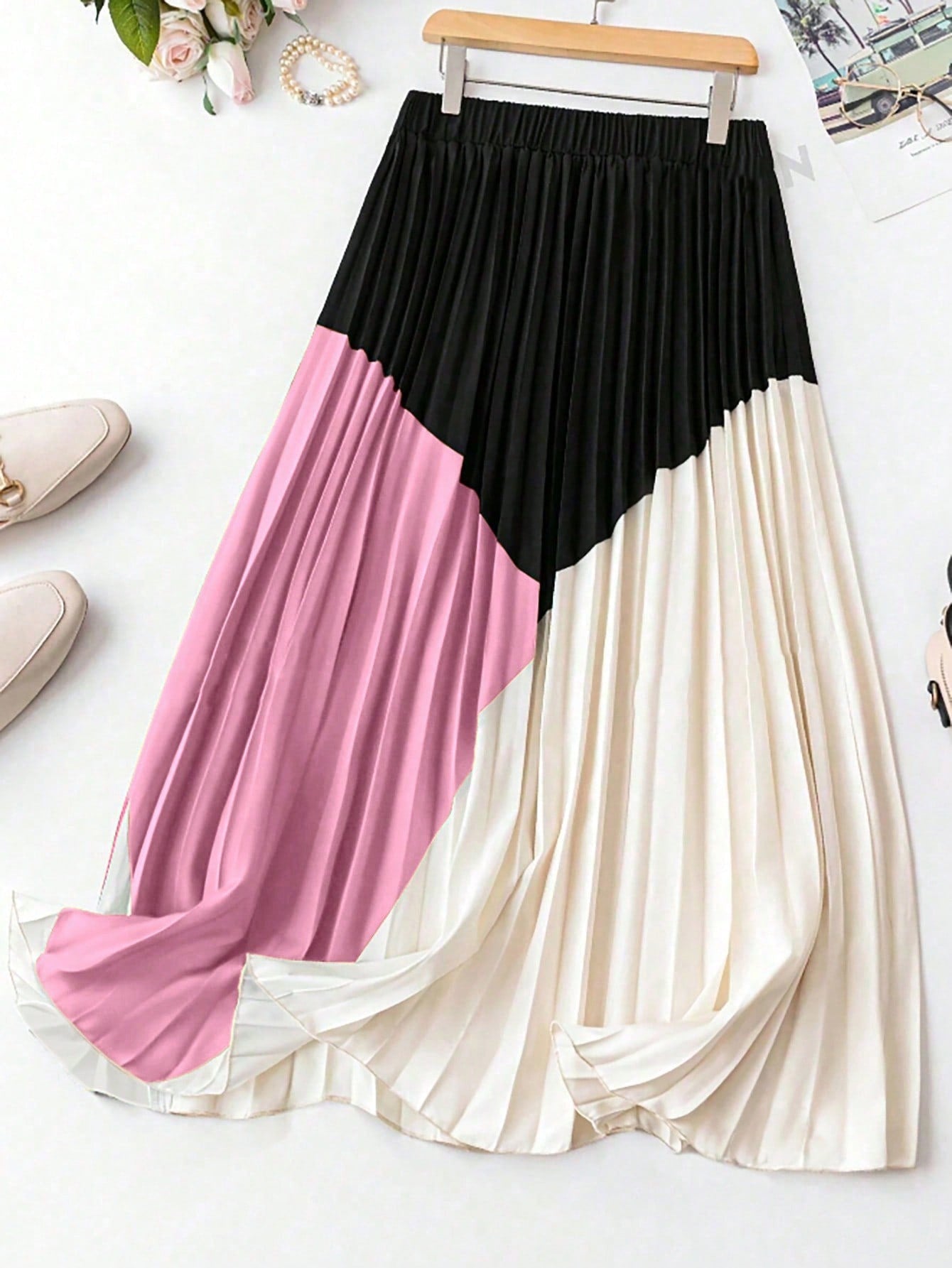 Women Plus Size Color Block Pleated Skirt