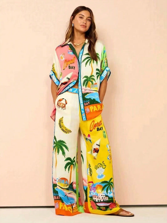 Women's Colorful Printed Two-Piece Set, Casual Short Sleeved Shirt&Wide Leg Pants Suitable For Vacation