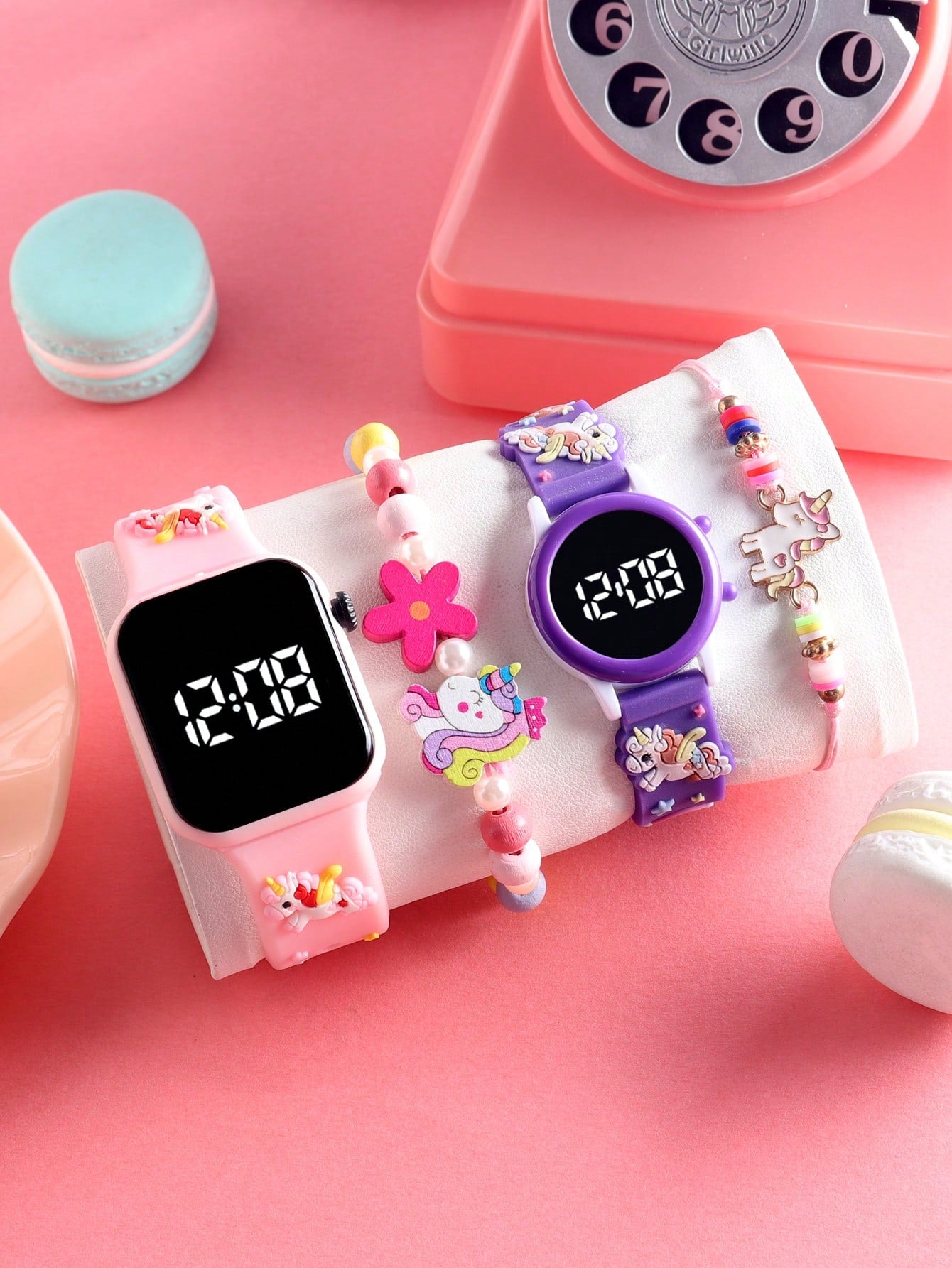 2pcs Dry Battery Operated Cartoon Unicorn Decorated LED Digital Bracelet Watch And 2pcs Beaded Unicorn Elastic Bracelets, Suitable For Daily Wear (For Girls)