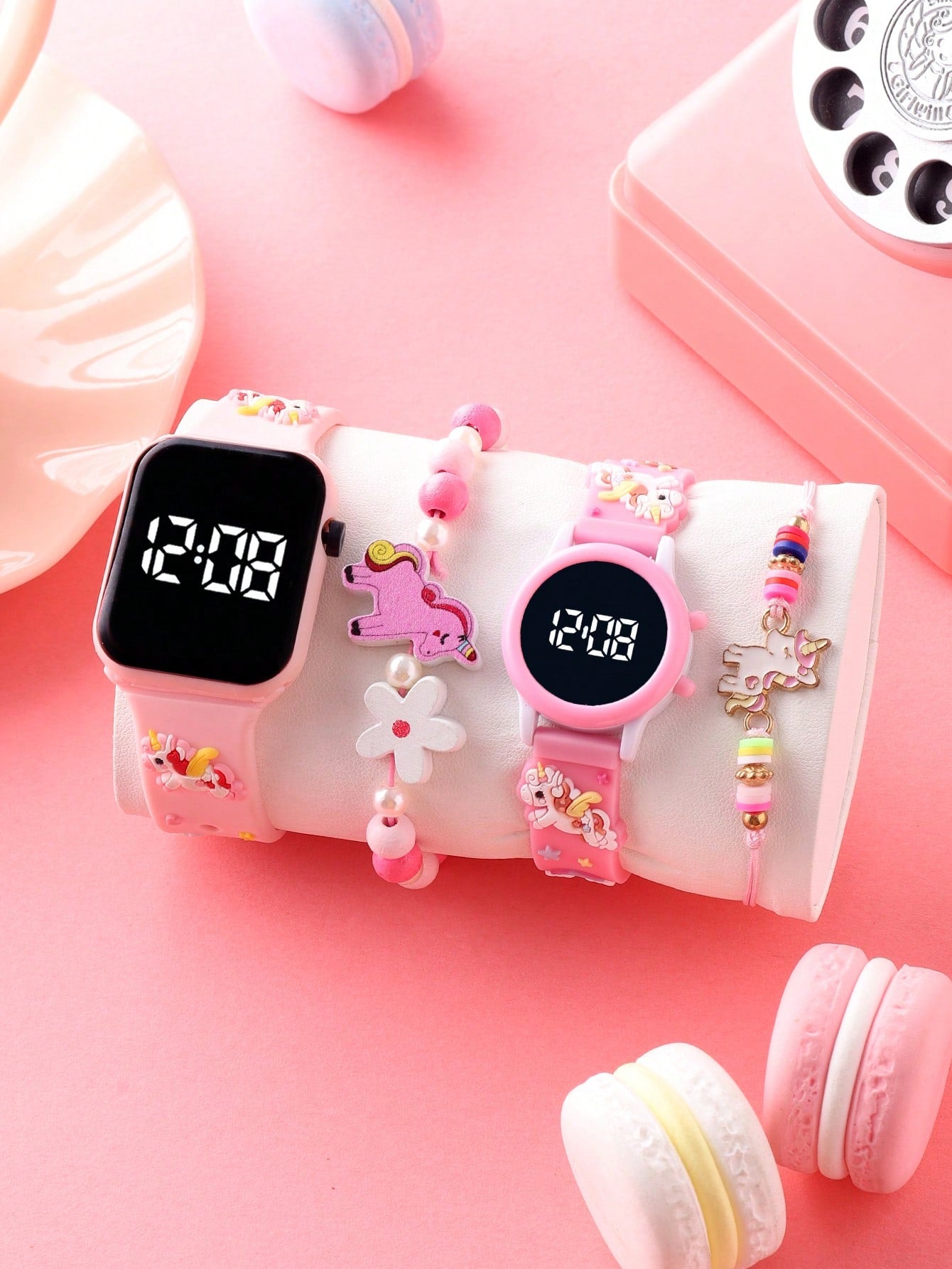 2pcs Dry Battery Operated Cartoon Unicorn Decorated LED Digital Bracelet Watch And 2pcs Beaded Unicorn Elastic Bracelets, Suitable For Daily Wear (For Girls)