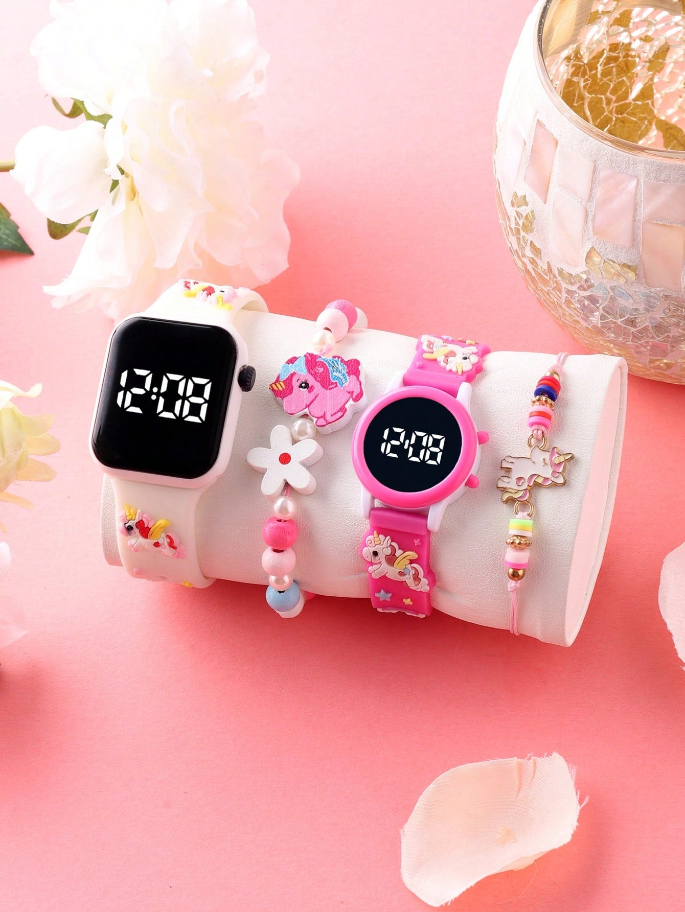 2pcs Dry Battery Operated Cartoon Unicorn Decorated LED Digital Bracelet Watch And 2pcs Beaded Unicorn Elastic Bracelets, Suitable For Daily Wear (For Girls)