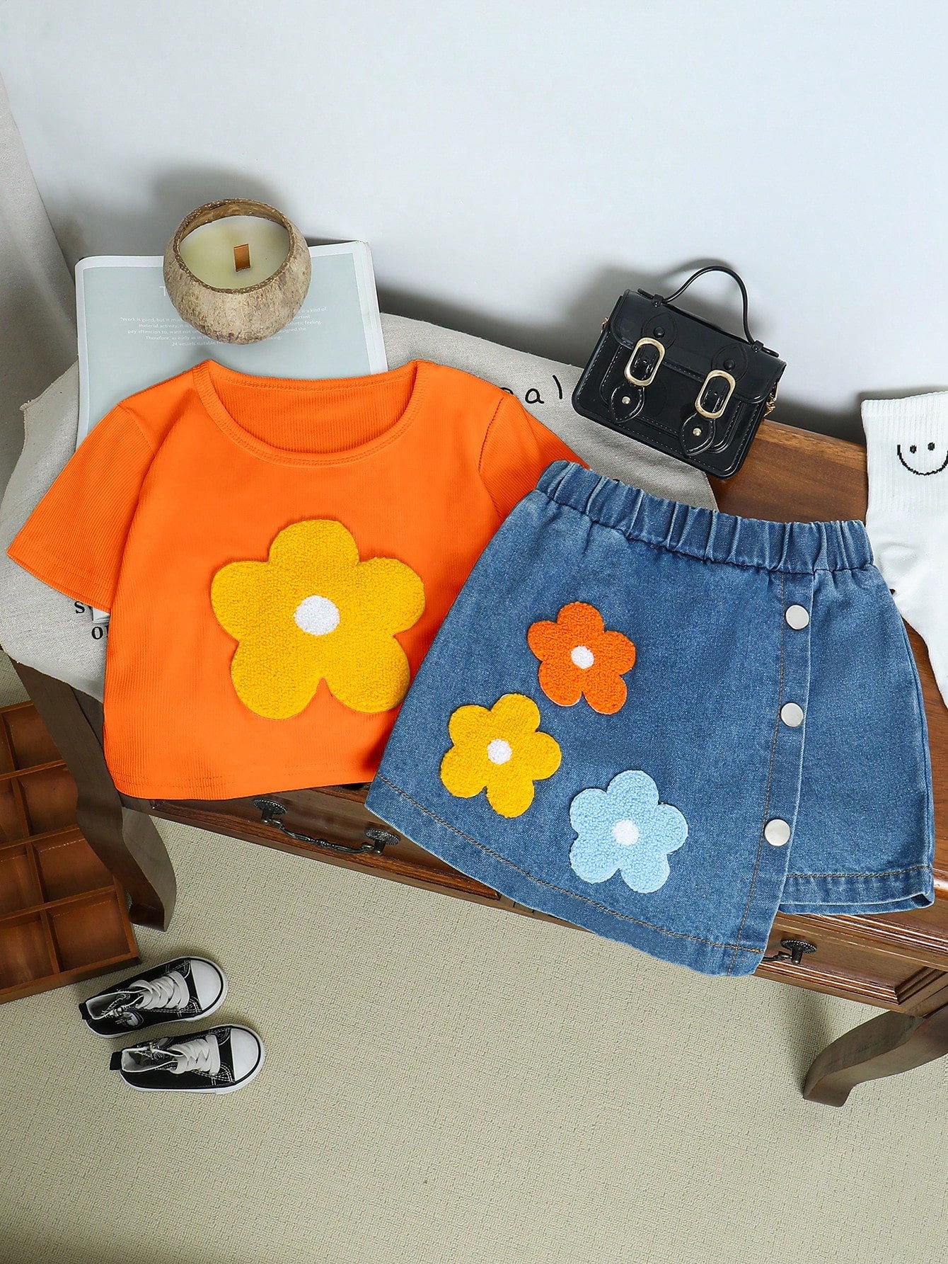 Young Girl Casual Vacation Embroidered Flower T-Shirt & Denim Skort 2pcs/Set