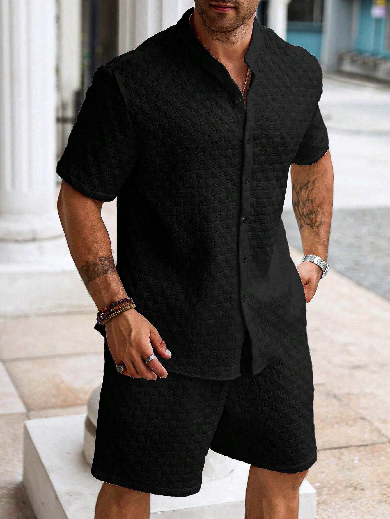 Men's Plus Size Summer Casual Solid Color Short Sleeve Shirt And Shorts Set