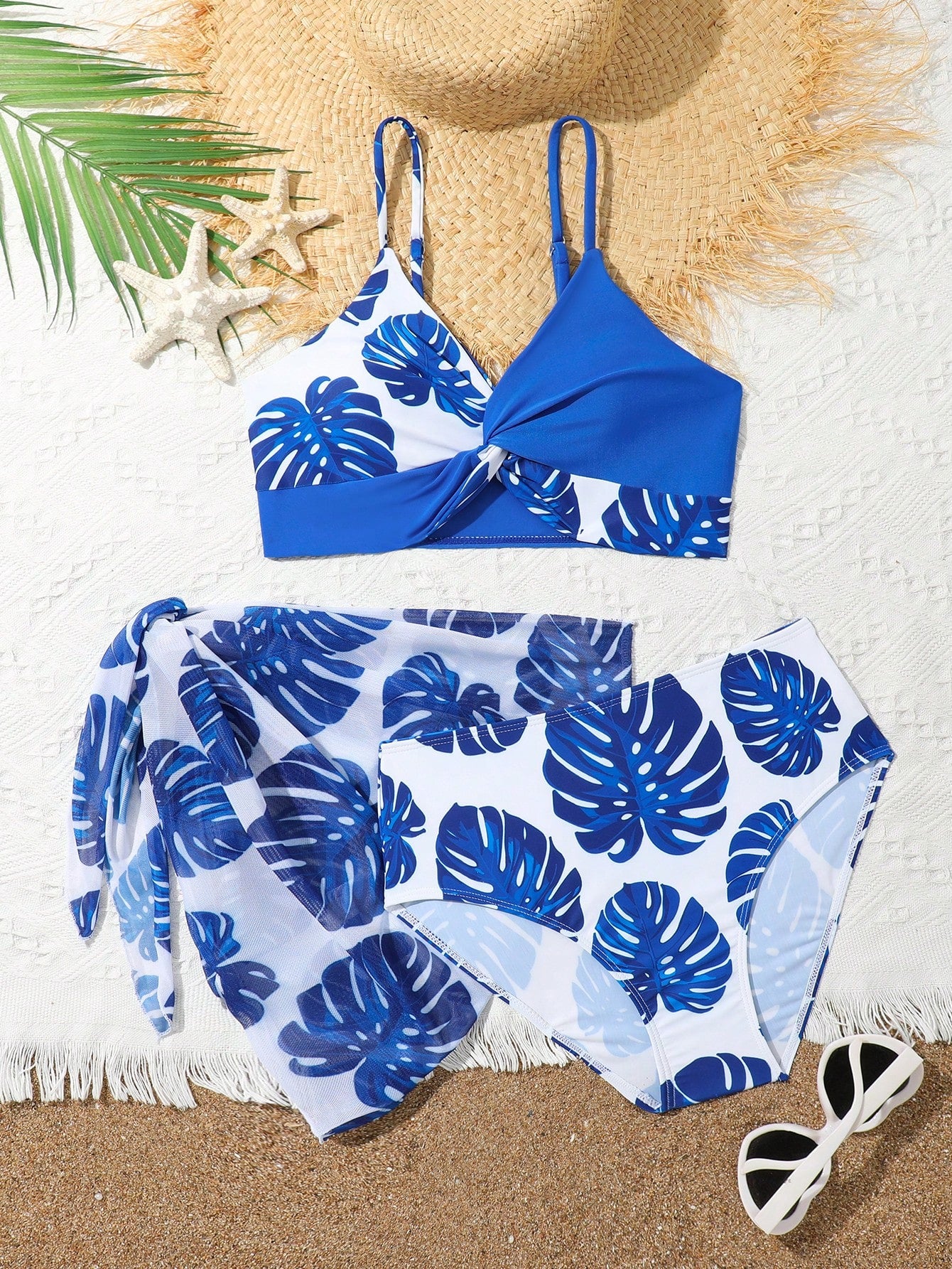 Teen Girl Tropical Print Bikini Set With Beach Skirt Summer Beach