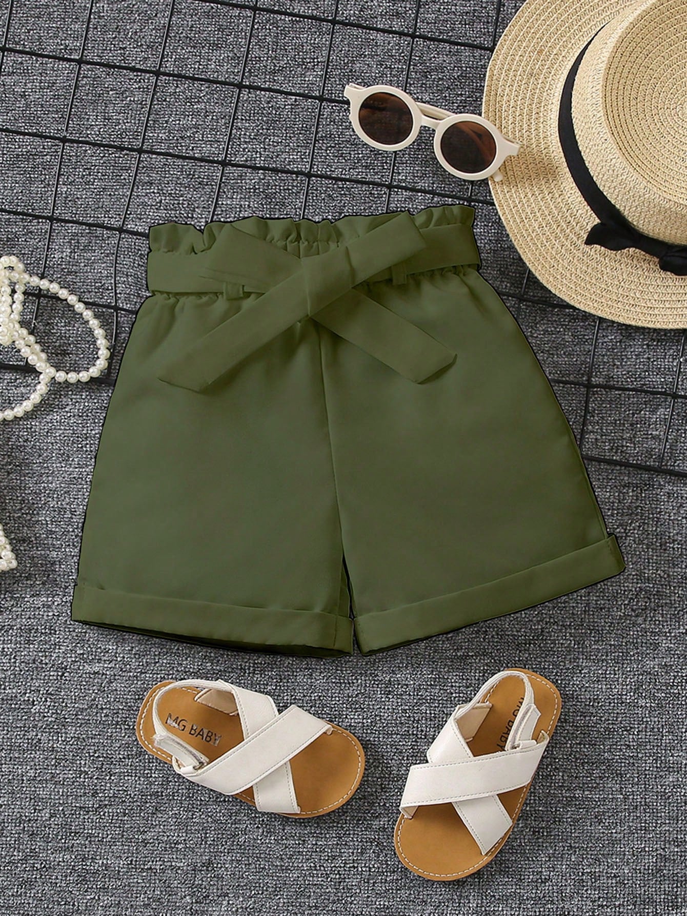 Young Girl Paperbag Waist Roll Up Hem Belted Shorts