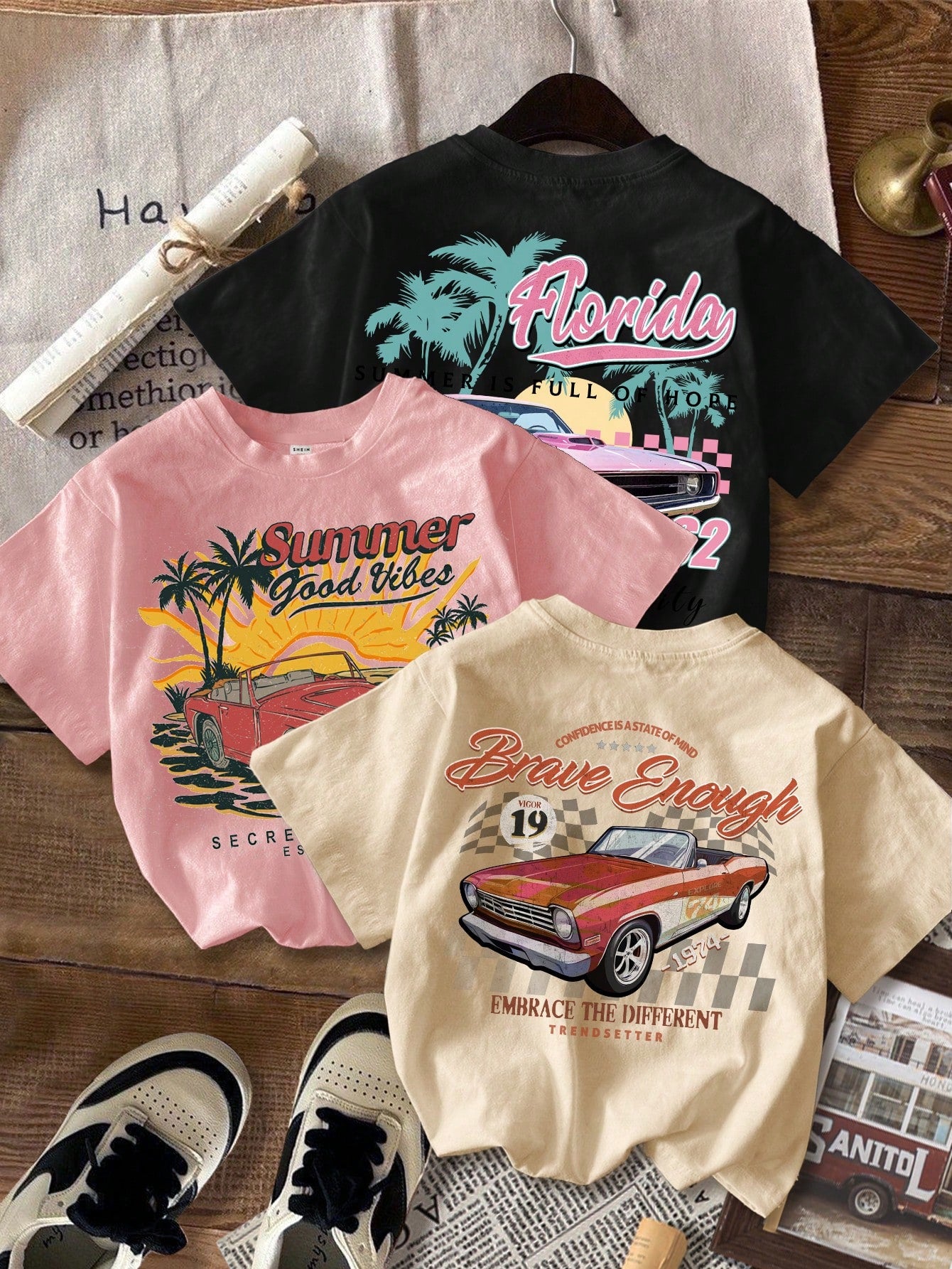 Retro 90s, 3pcs/Set Casual And Vintage Short Sleeve T-Shirt With Scenic Pattern, Suitable For Tween Girls In Summer