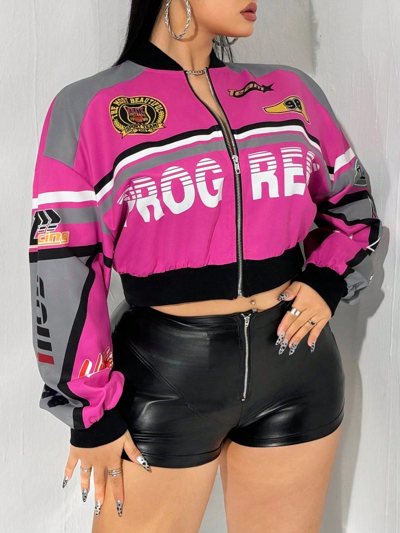 Plus Size Women's Letter Printed Baseball Jacket